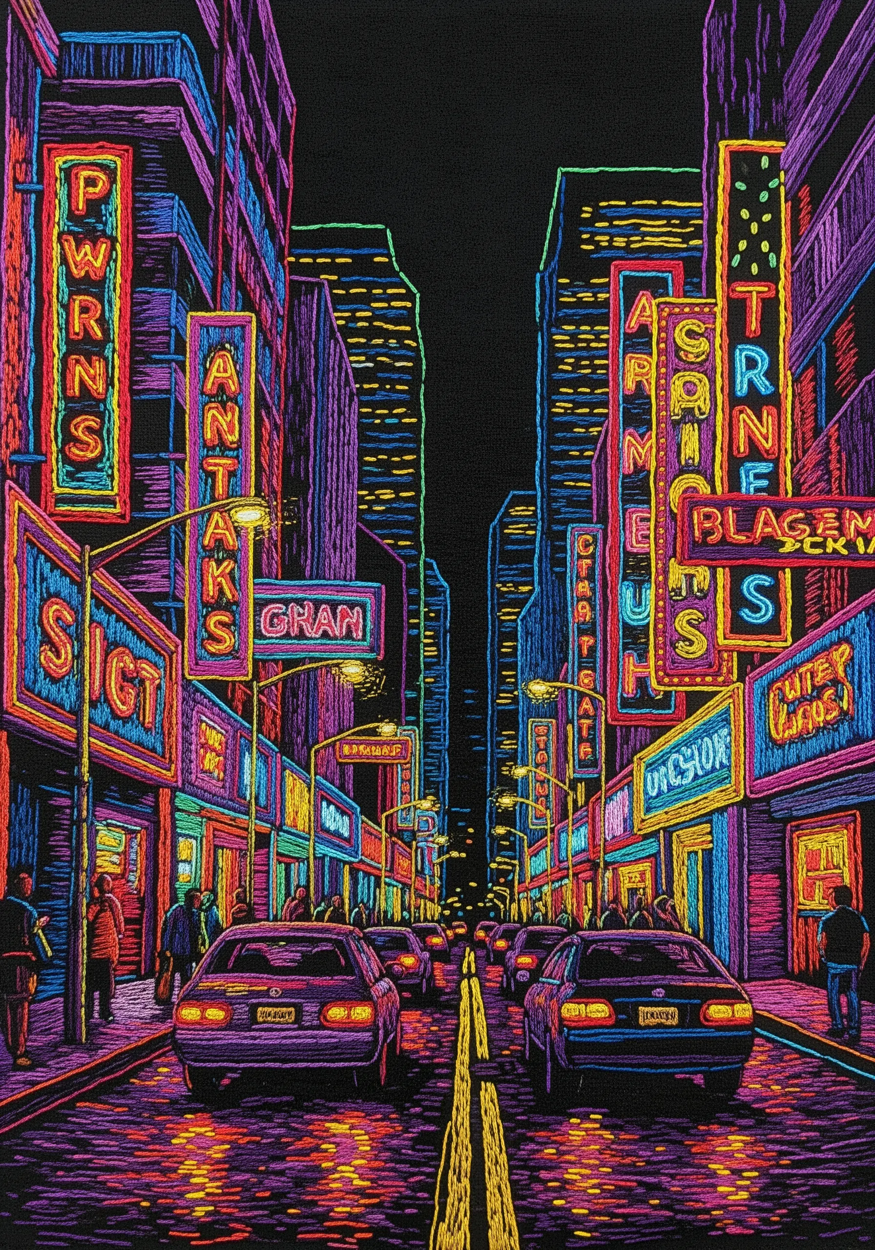 A dense, colorful embroidery of a city street at night filled with glowing neon signs.