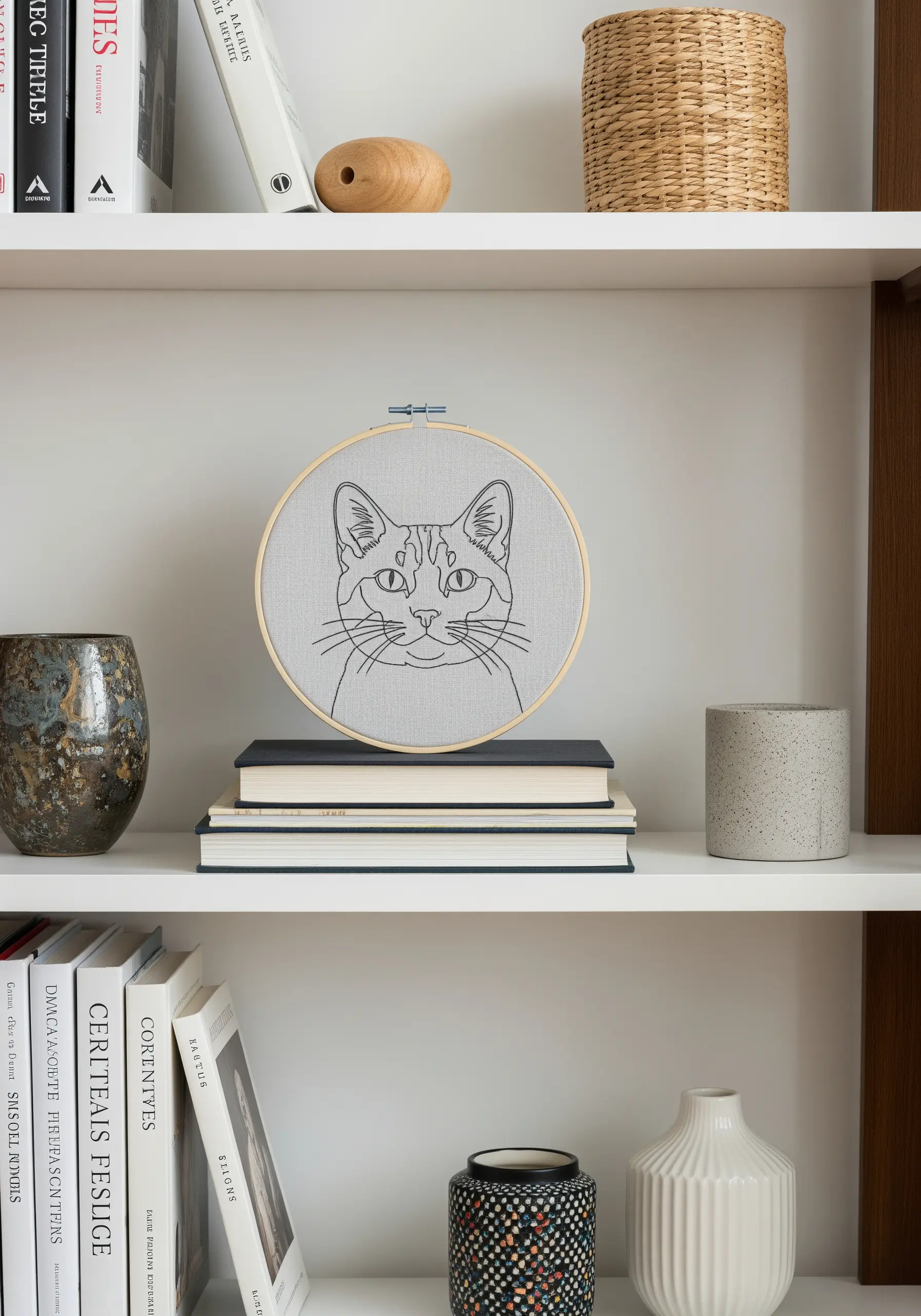 A minimalist line art portrait of a cat's face on grey fabric.
