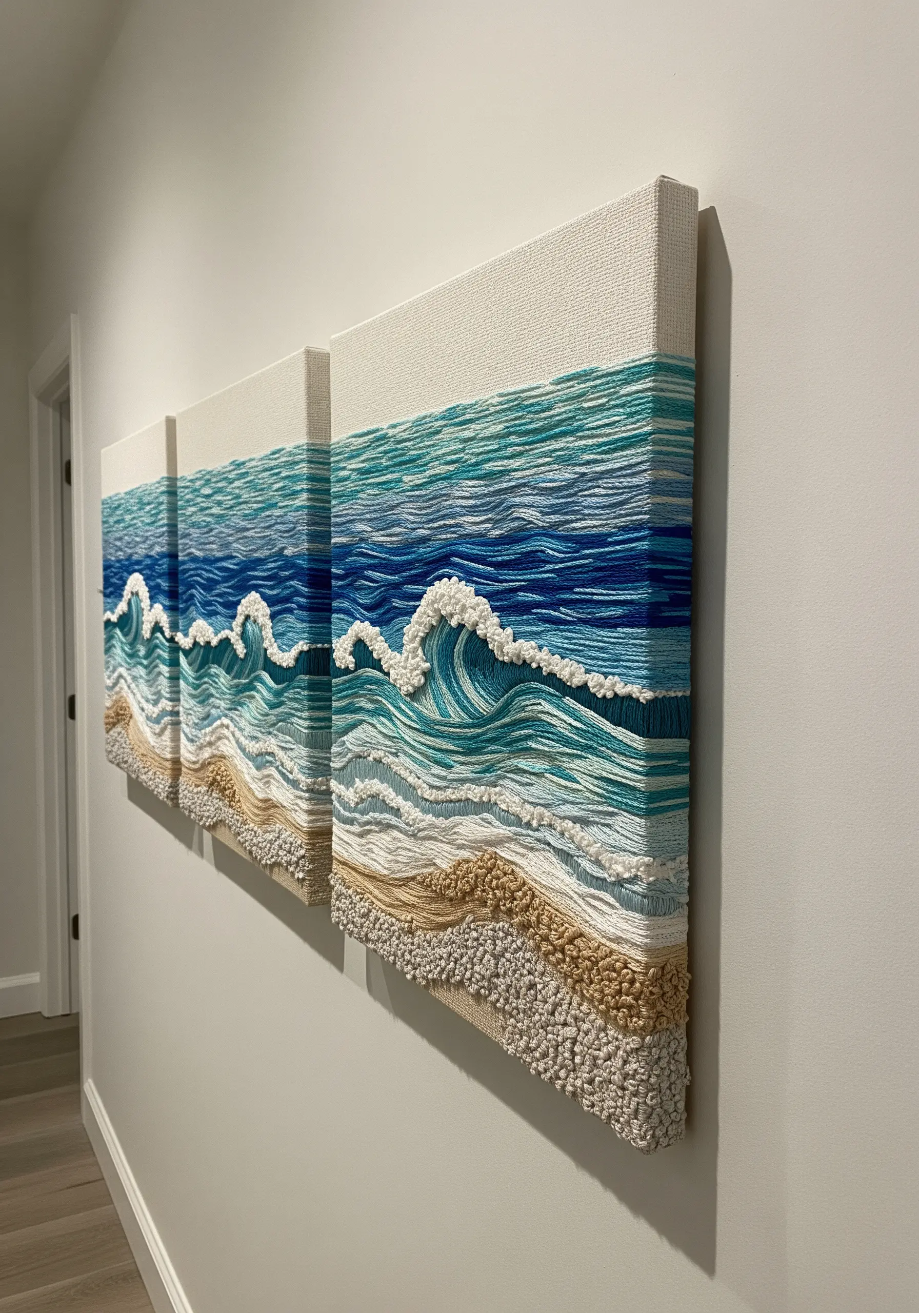 Triptych of embroidered ocean waves with textured French knot seafoam on canvas.