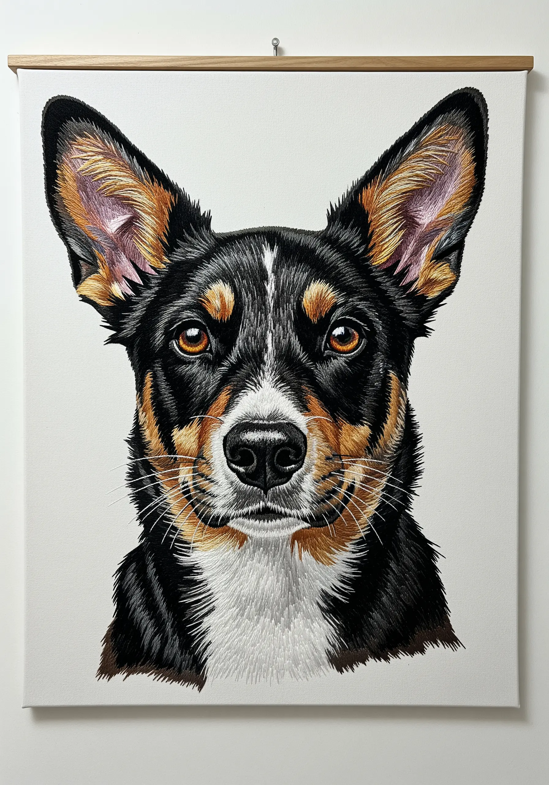 A highly realistic thread-painted portrait of a tri-color dog with detailed fur.