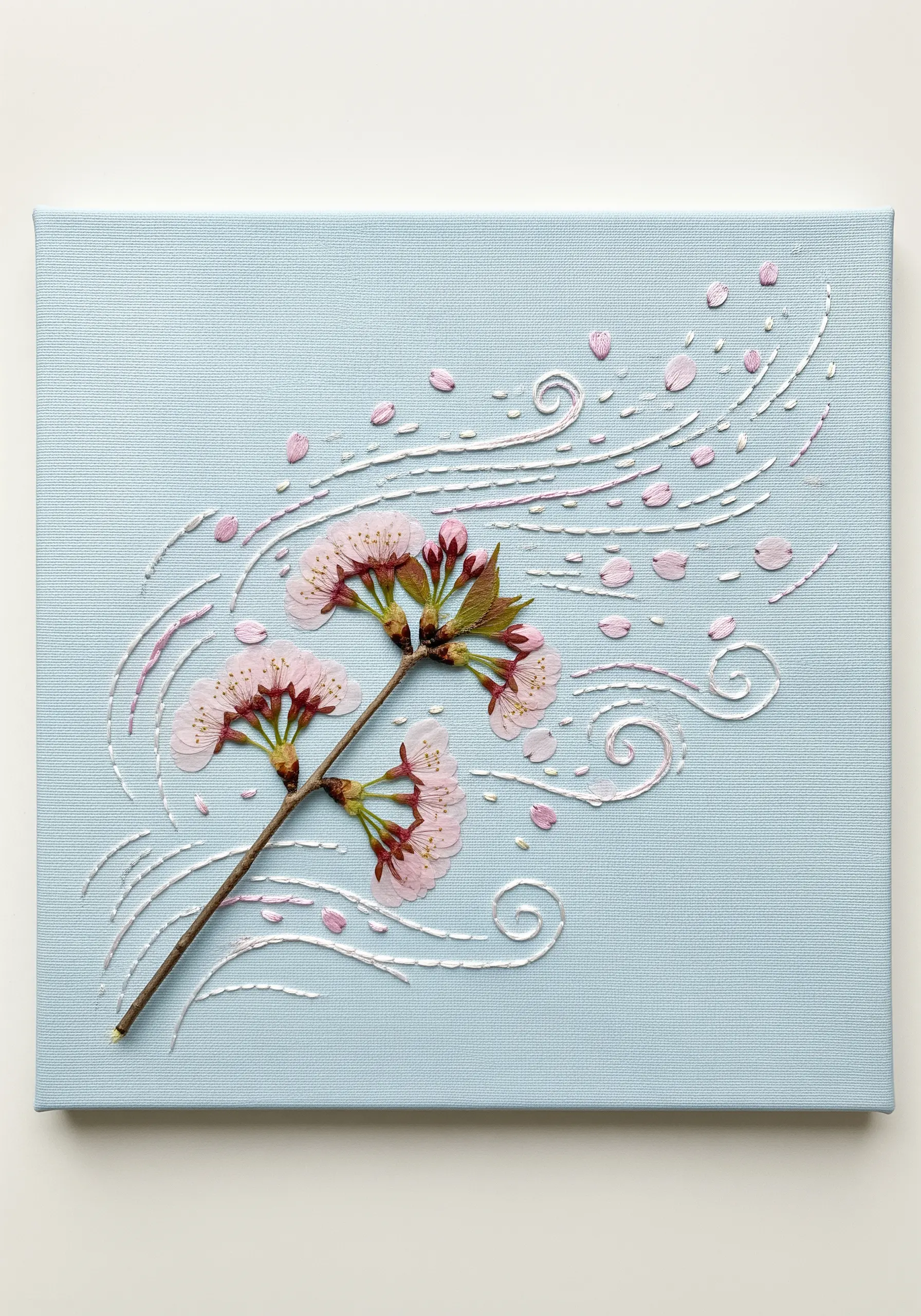 A pressed cherry blossom branch on blue canvas, surrounded by swirling white stitches and floating pink petals.
