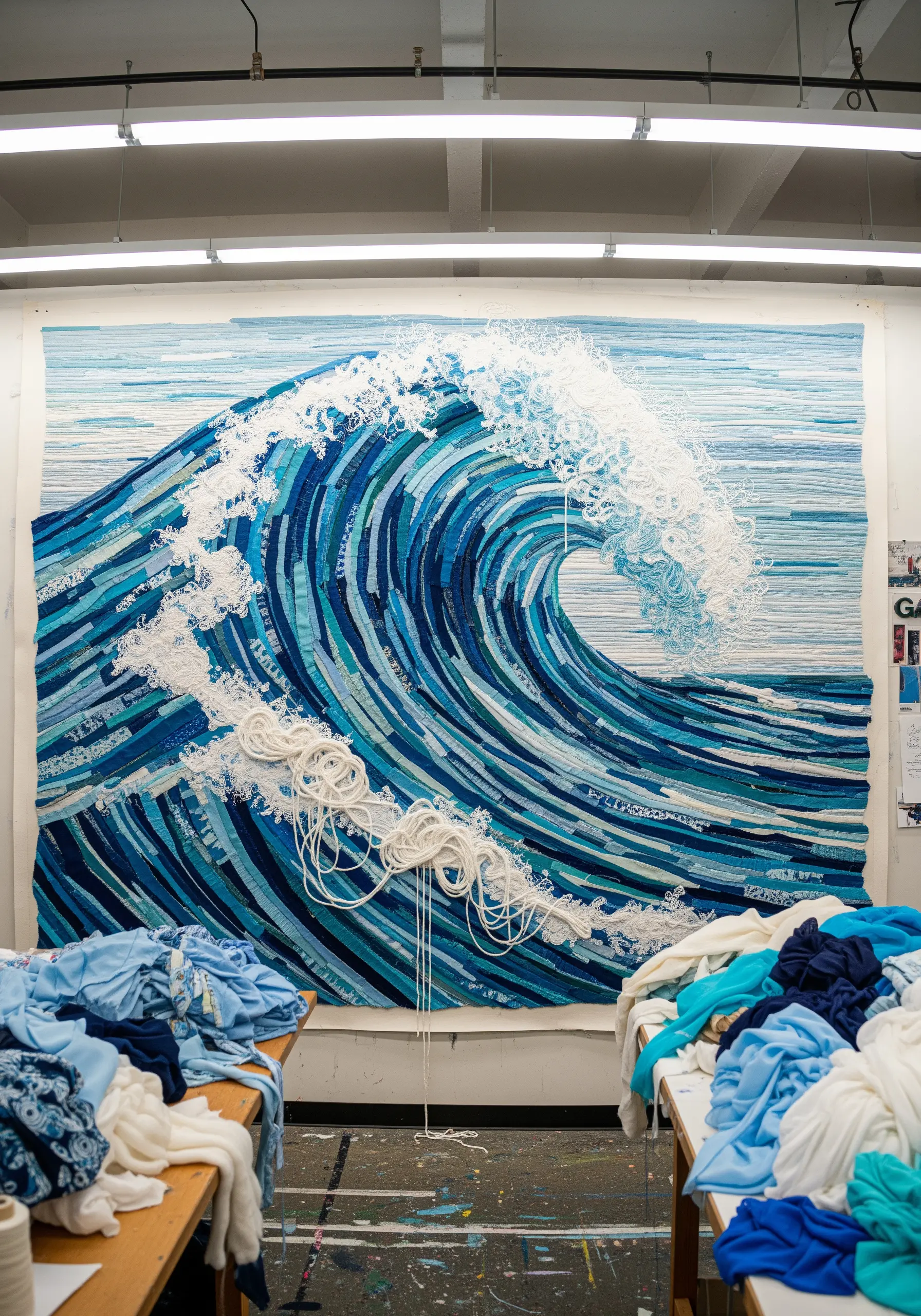 A massive wall art piece of an ocean wave made from strips of blue fabric and white yarn foam.