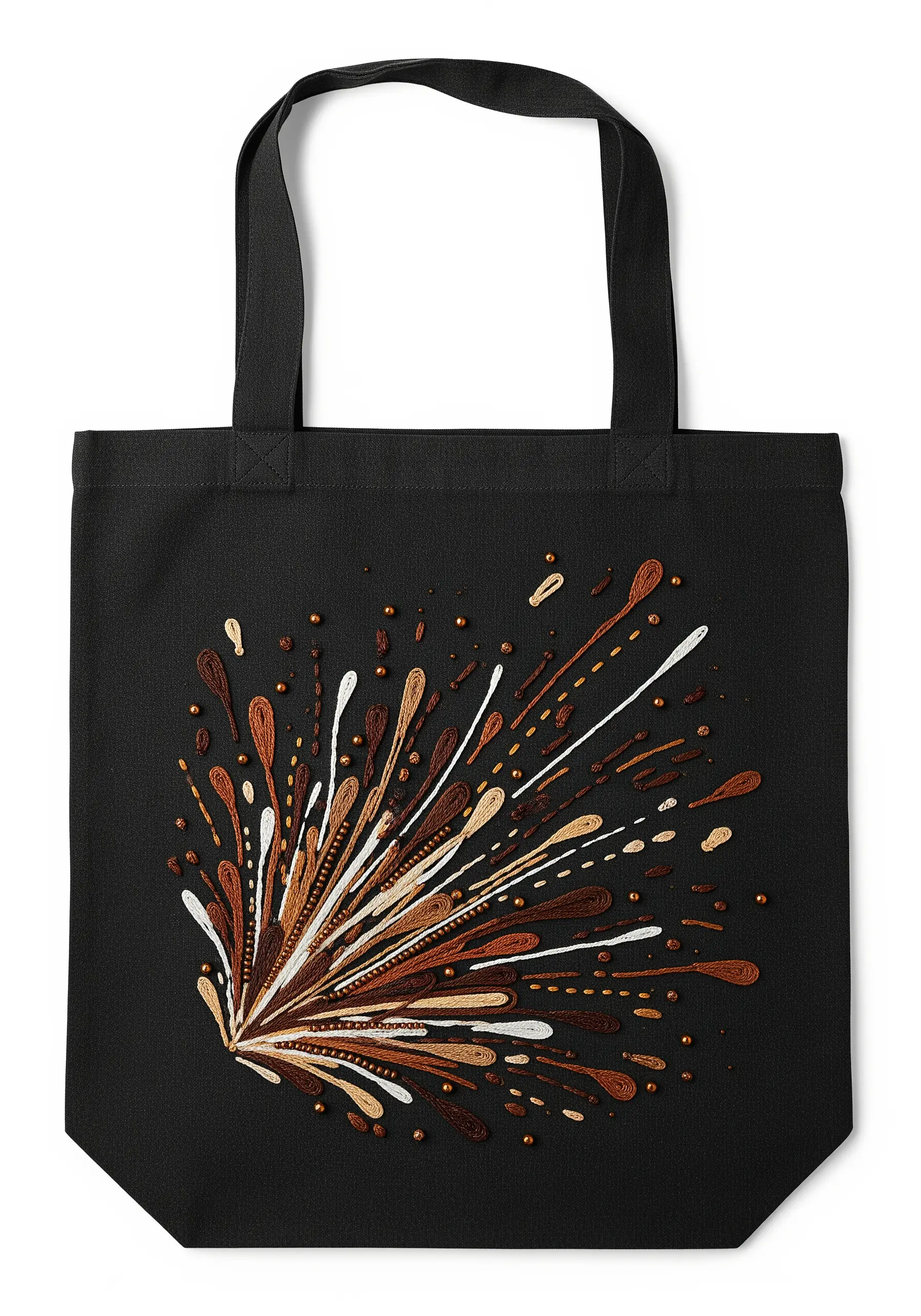 Abstract embroidery of a coffee splash with various shades of brown and metallic accents.