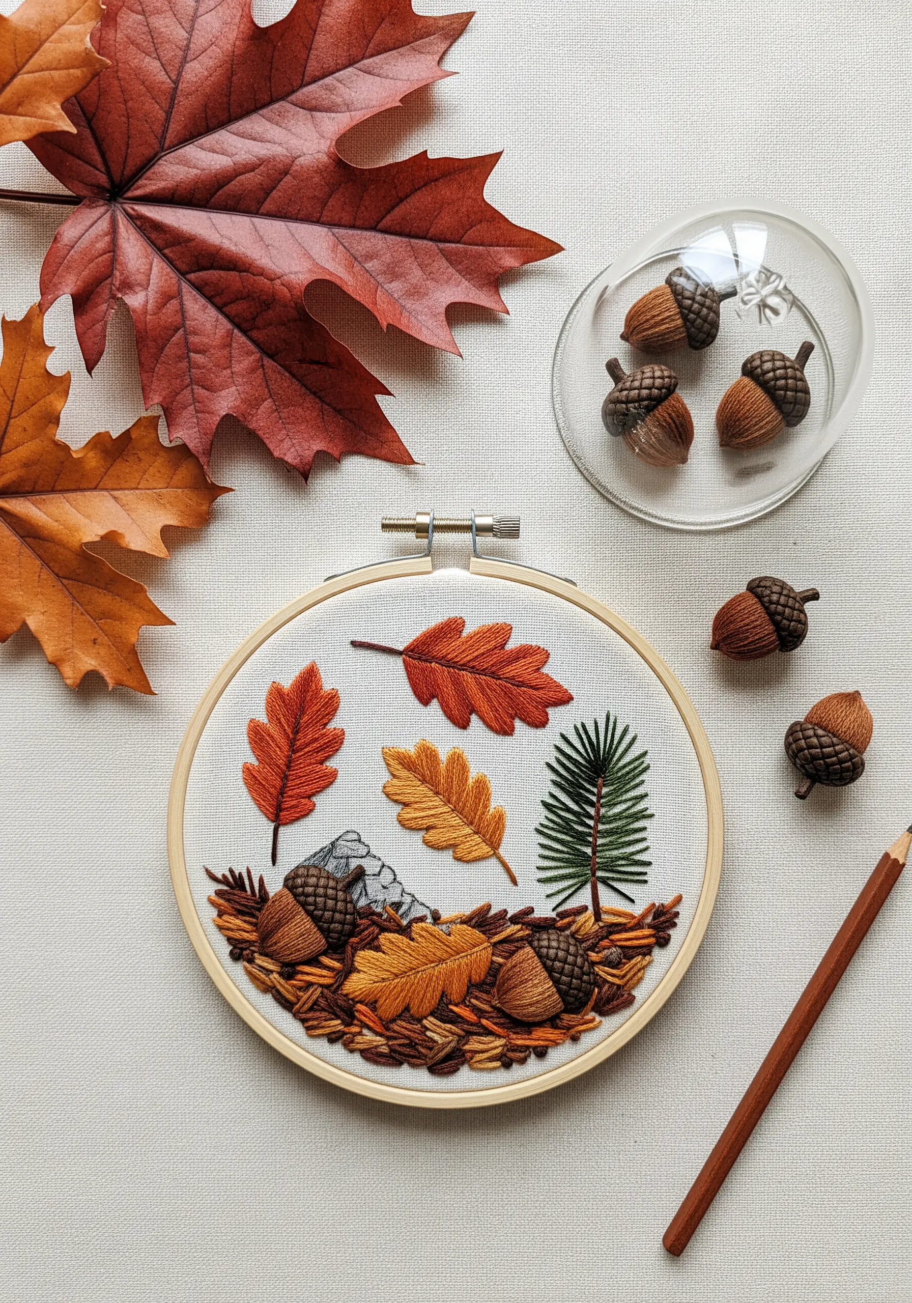 Autumnal embroidery with satin-stitched leaves, 3D acorns, and a pine sapling