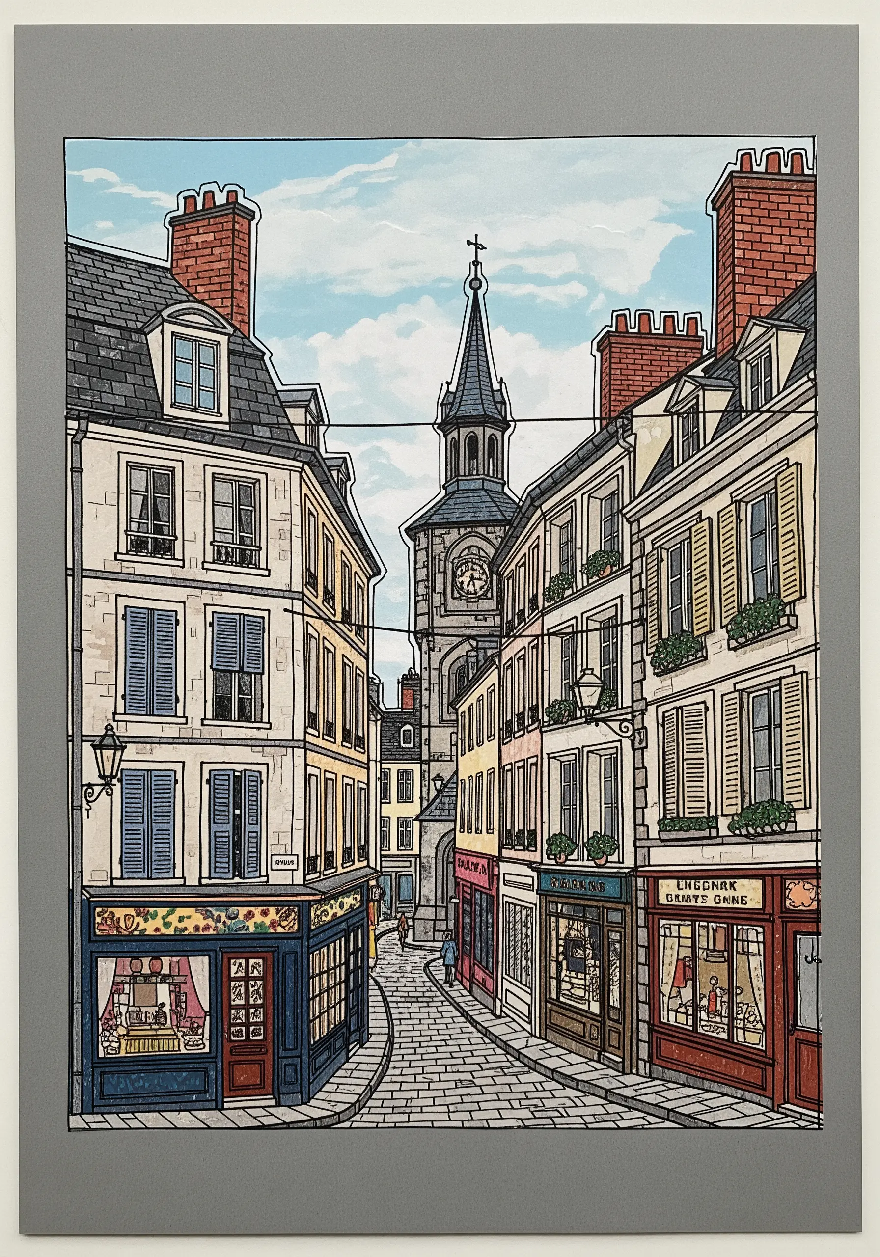 An illustrated paper collage of a charming European street scene with strong outlines.