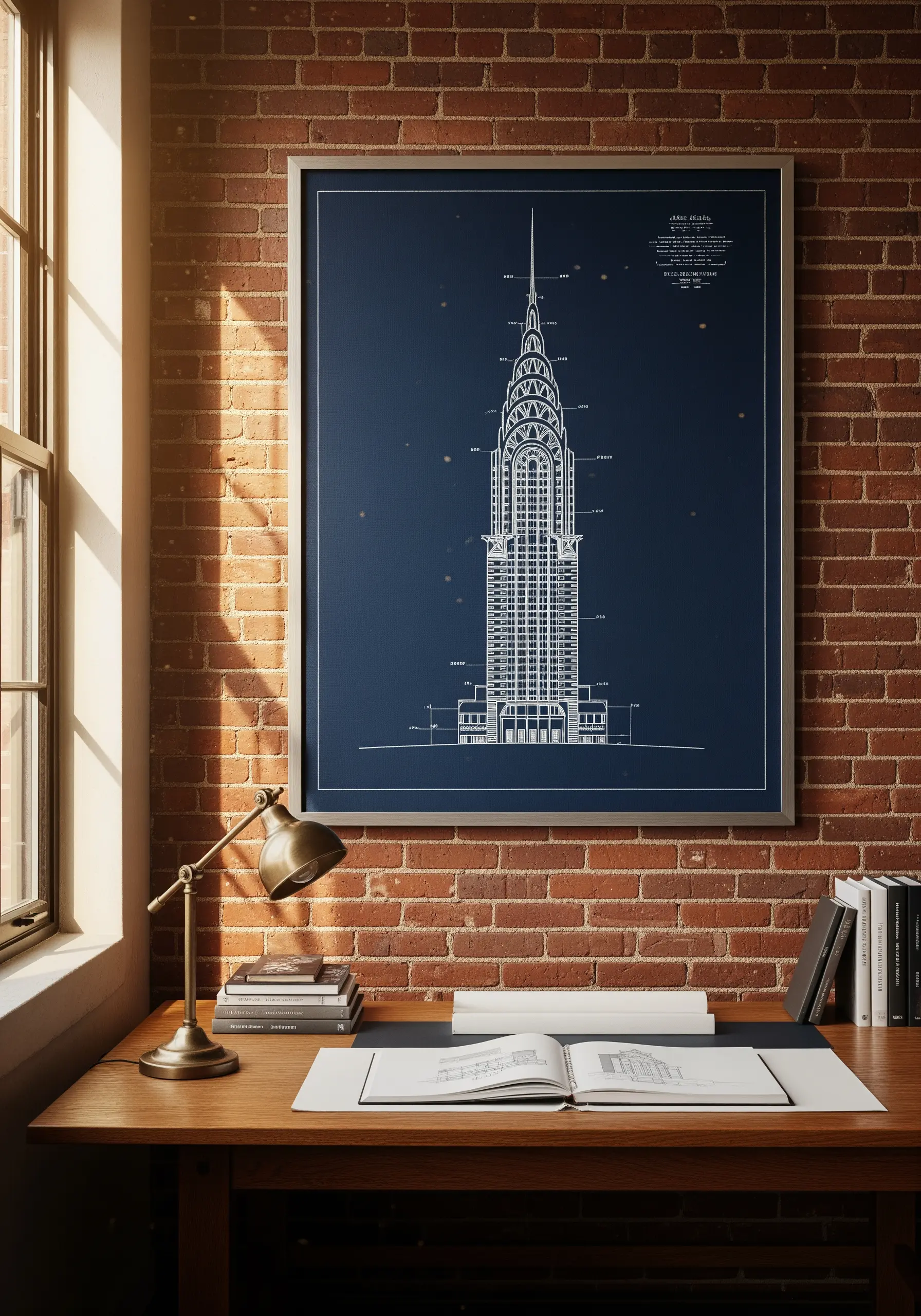 An embroidered blueprint of the Chrysler Building, stitched in white thread on navy blue fabric.