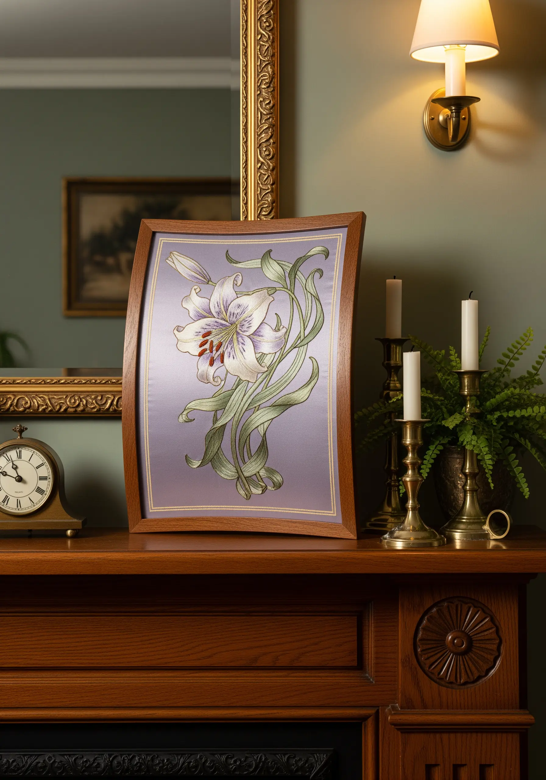 An Art Nouveau style embroidery of a white lily on purple silk, presented in a curved wooden frame.