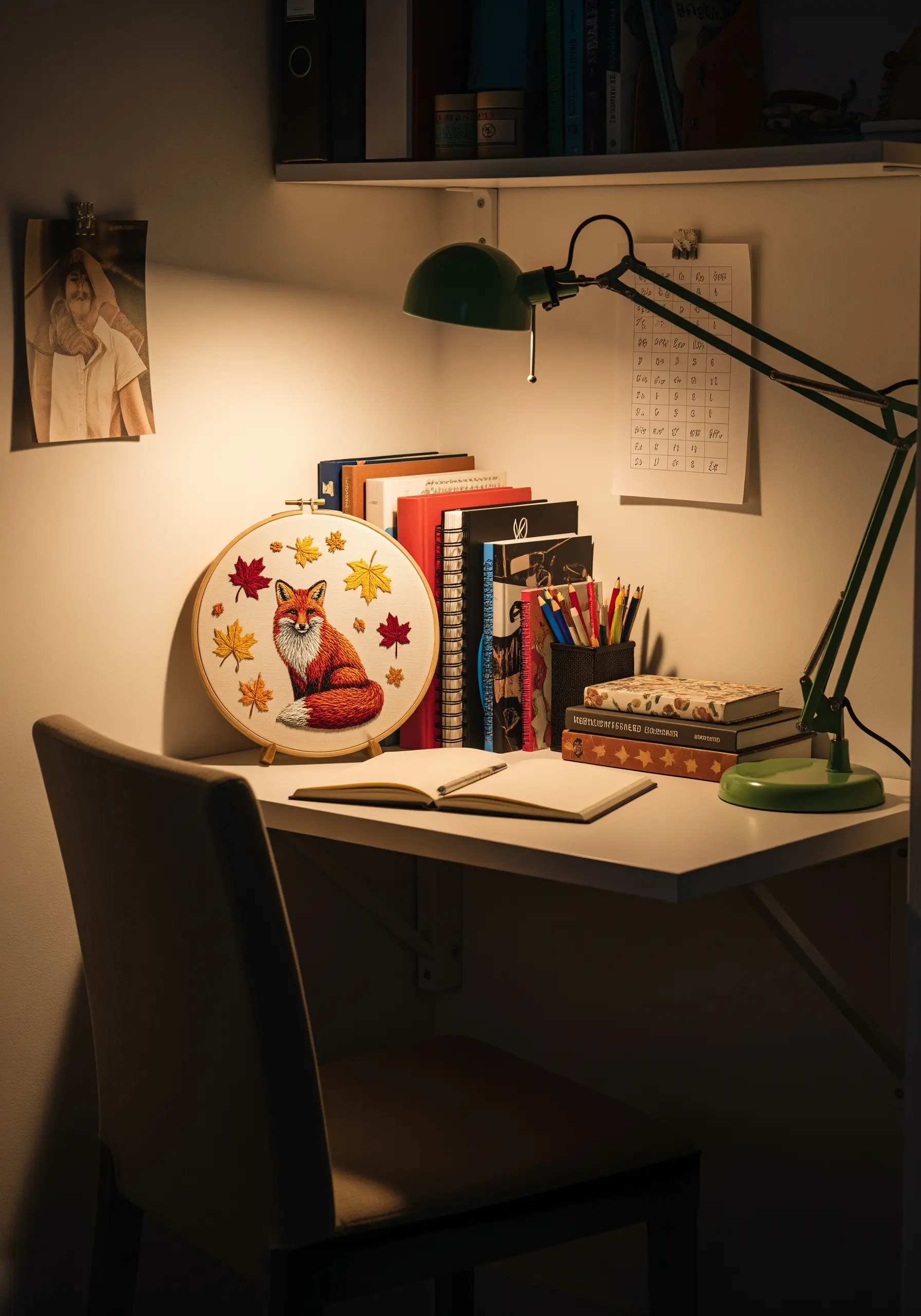 Embroidery hoop of an autumn fox surrounded by falling leaves, displayed on a desk.