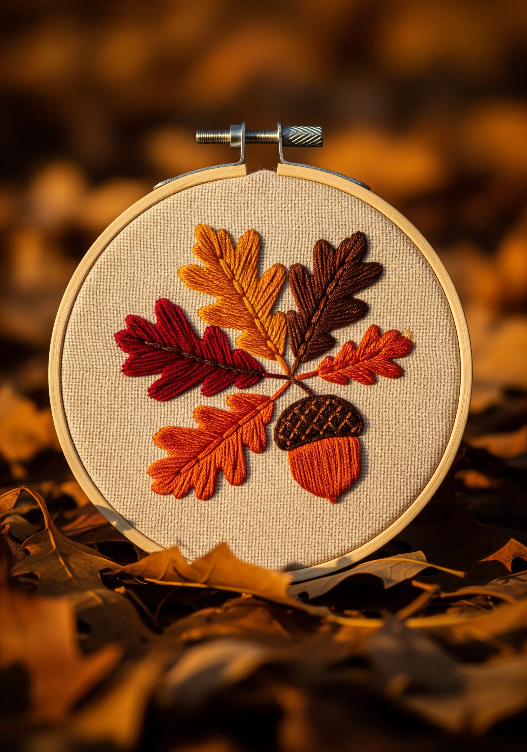 An arrangement of embroidered autumn oak leaves and an acorn in warm, earthy tones.