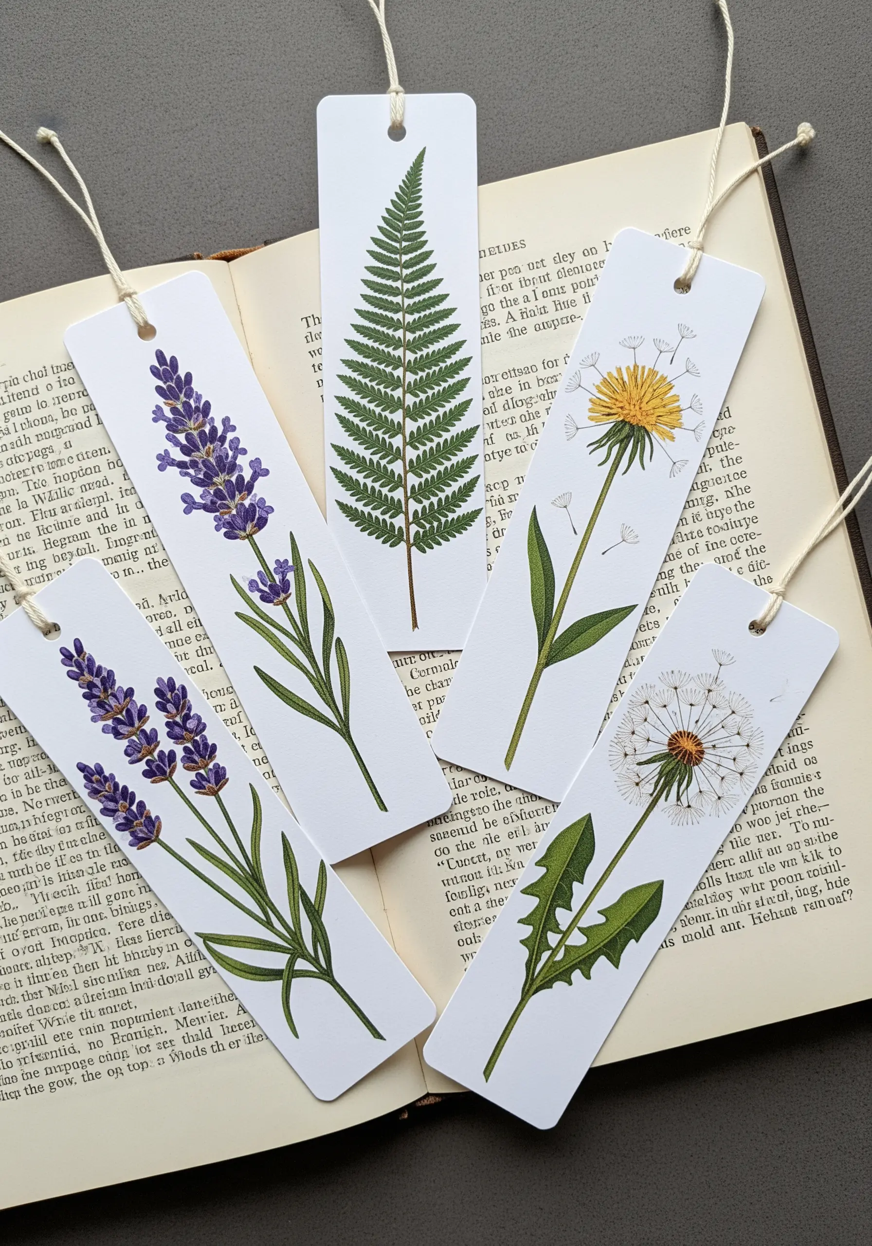A set of four bookmarks with detailed botanical illustrations of lavender, fern, and dandelions.