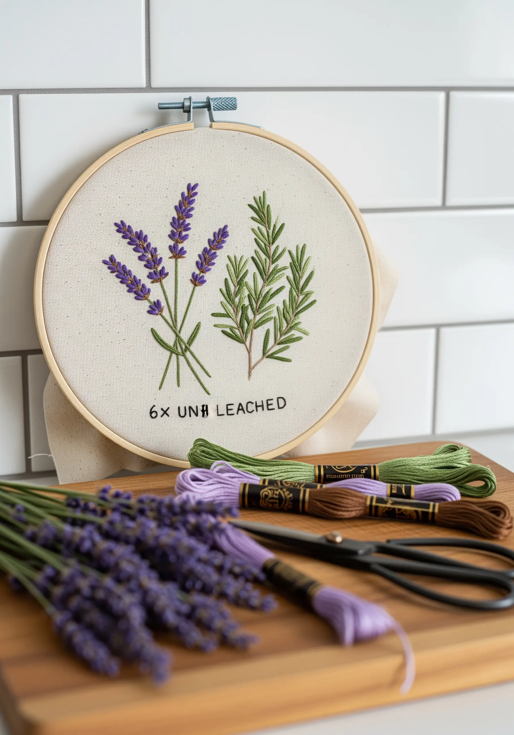 Embroidery of lavender and rosemary sprigs on light linen fabric.