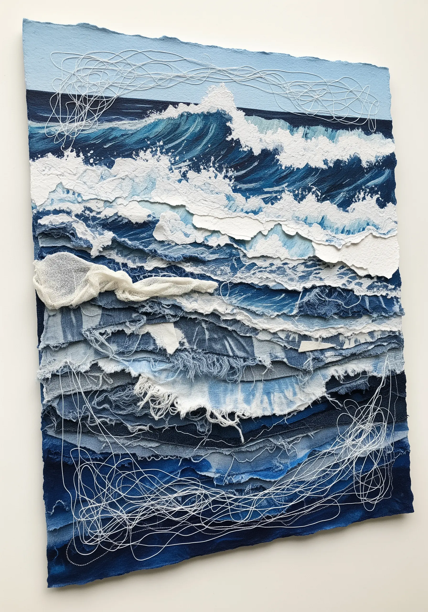 Collage of ocean waves made from ripped denim, with chaotic white thread for sea spray.