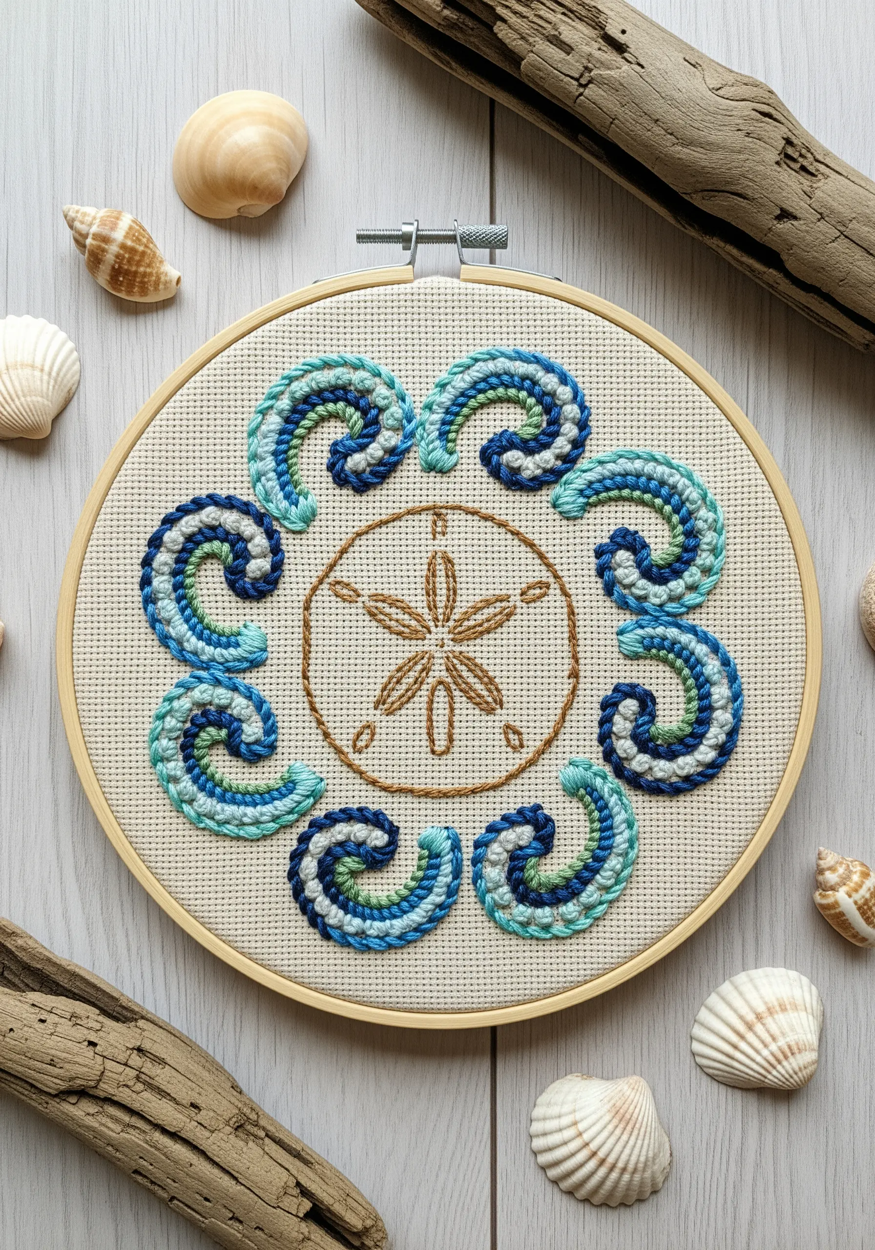 Ocean-themed mandala with a sand dollar center and Pekinese stitch waves in blue and green.