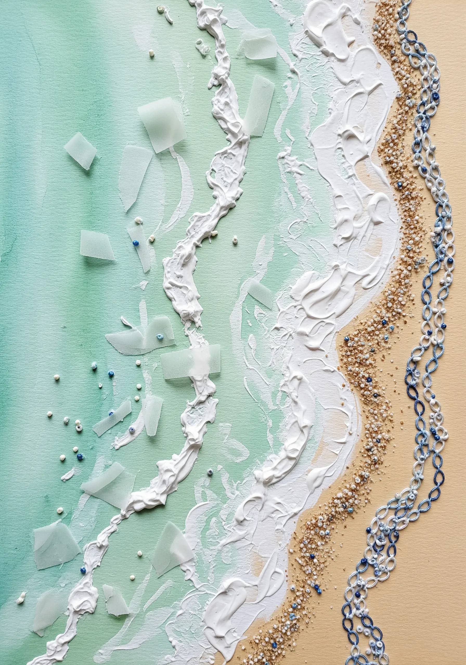 Mixed-media beach scene with chain stitch waves, beads, and textured paint for sea foam.