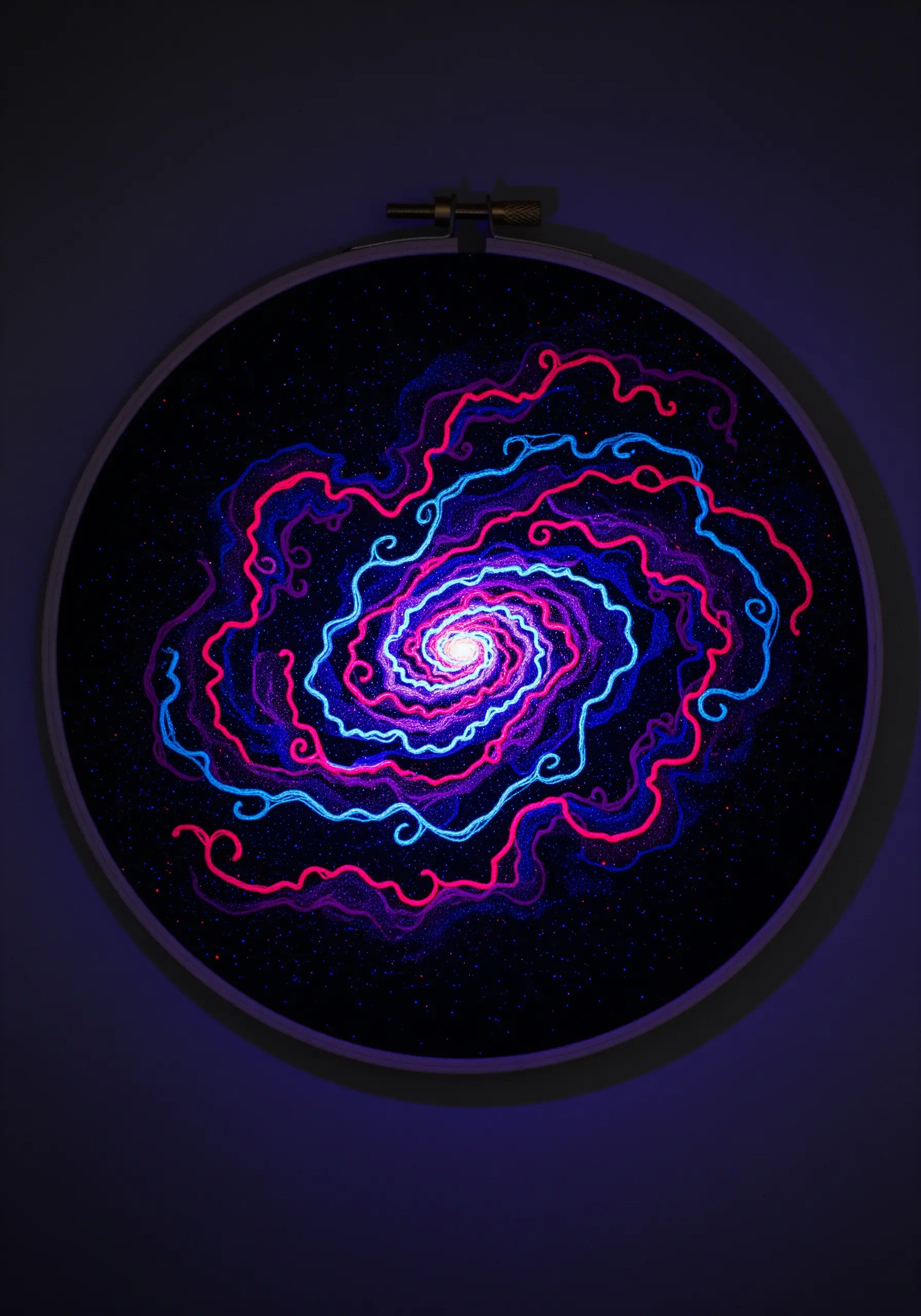 A swirling galaxy in neon pink and blue thread glowing in a black hoop.