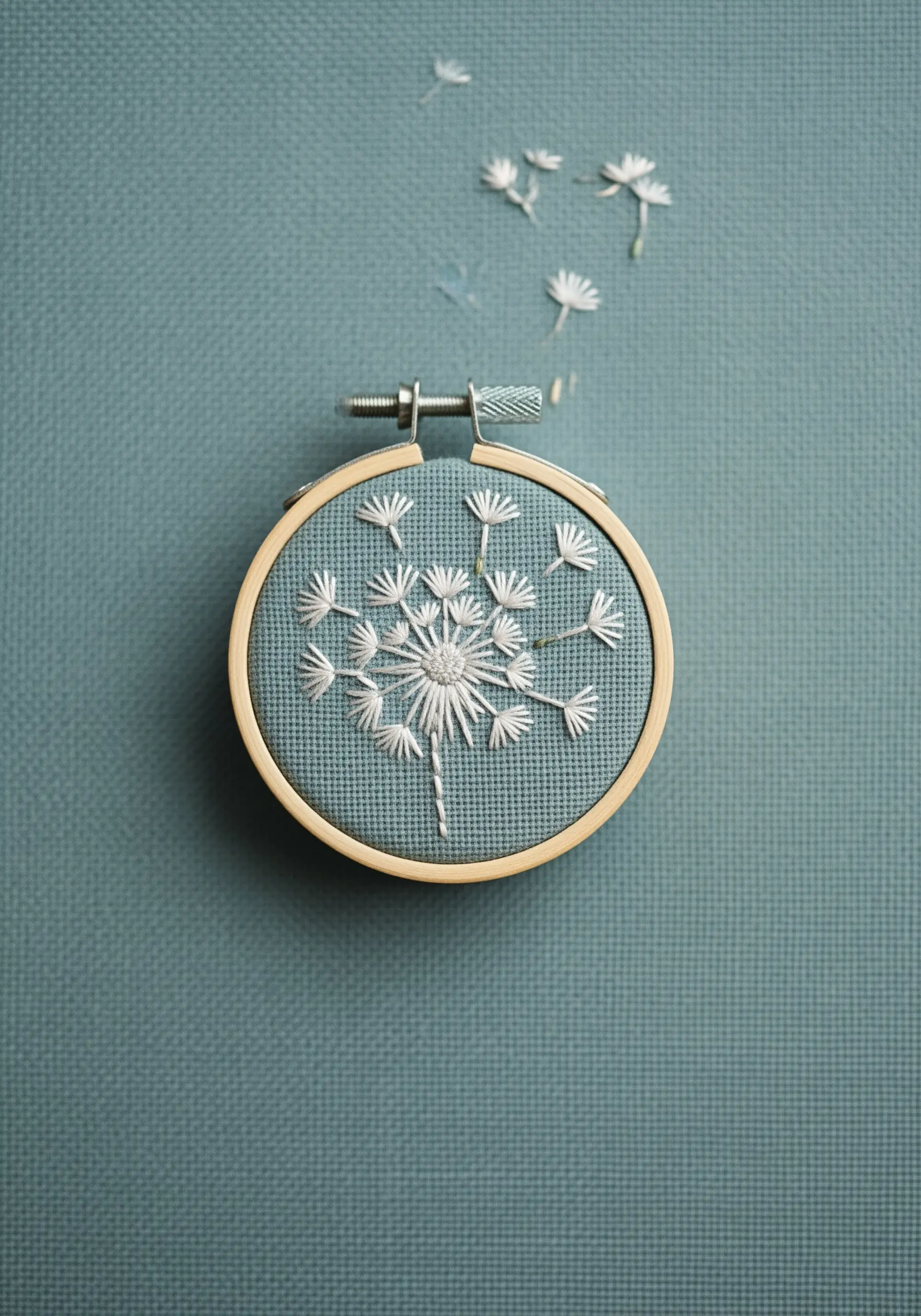 A delicate white dandelion with seeds blowing away, embroidered on dusty blue fabric.