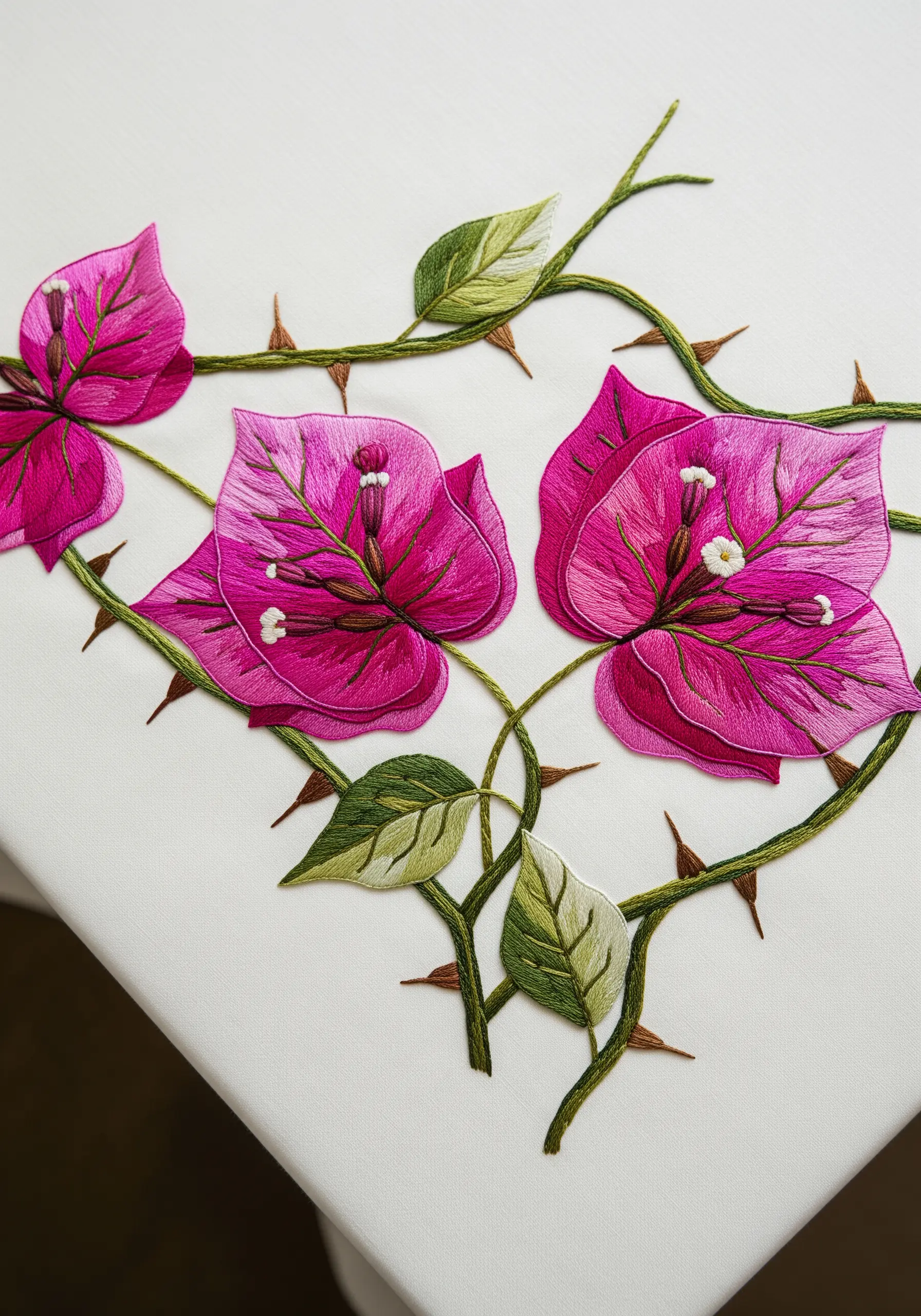 Close-up of realistic bougainvillea embroidery on white fabric, showing detailed thread painting.