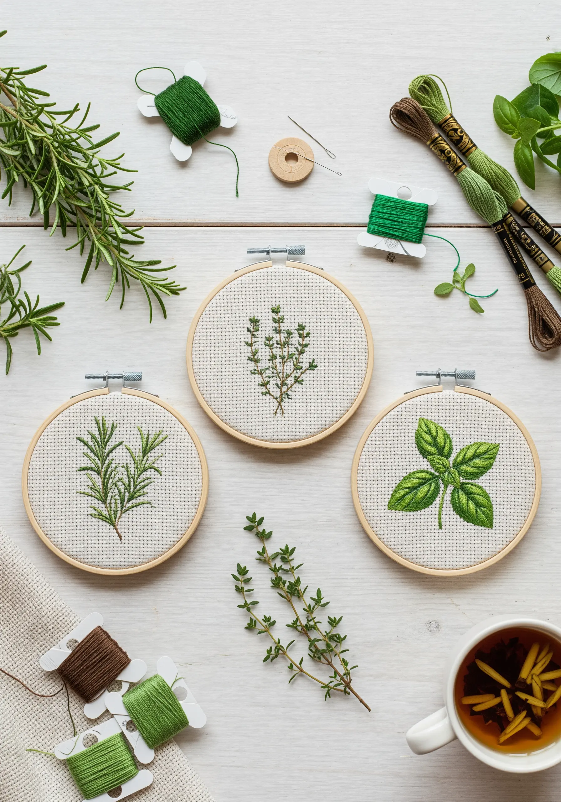 Three embroidery hoops featuring detailed stitches of rosemary, thyme, and basil.