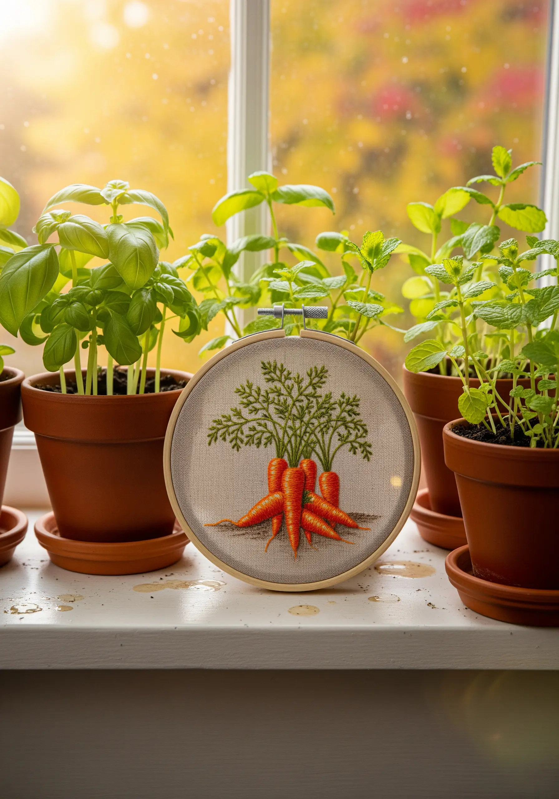 A detailed embroidery of a bunch of carrots with fine, feathery green tops on a windowsill.