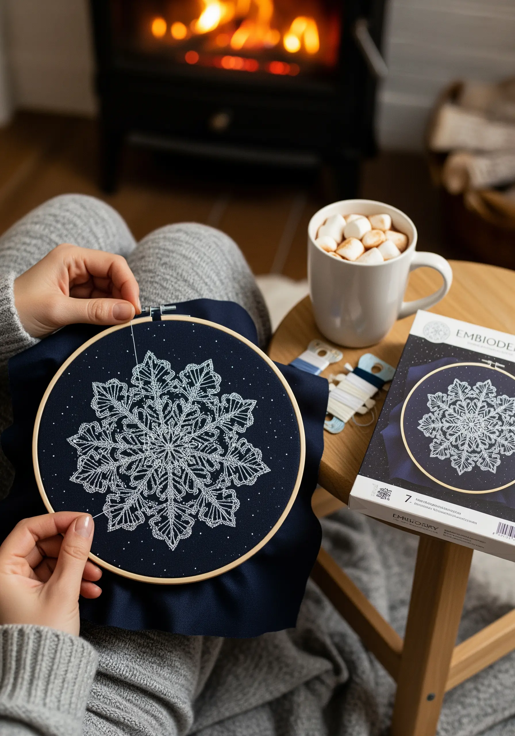 A woman stitching a complex white snowflake on dark navy fabric by a cozy fireplace.