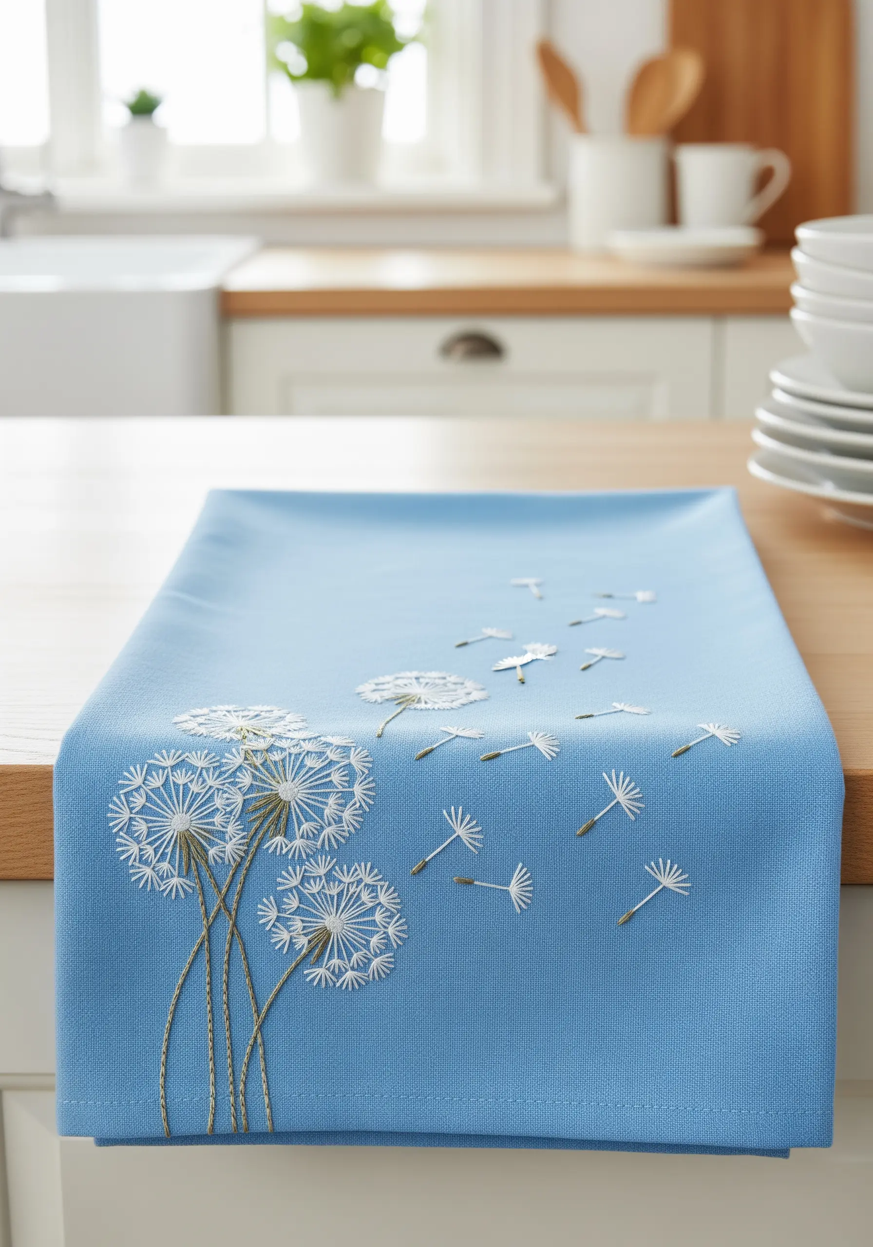 White dandelion clocks with seeds blowing in the wind on a blue table runner.