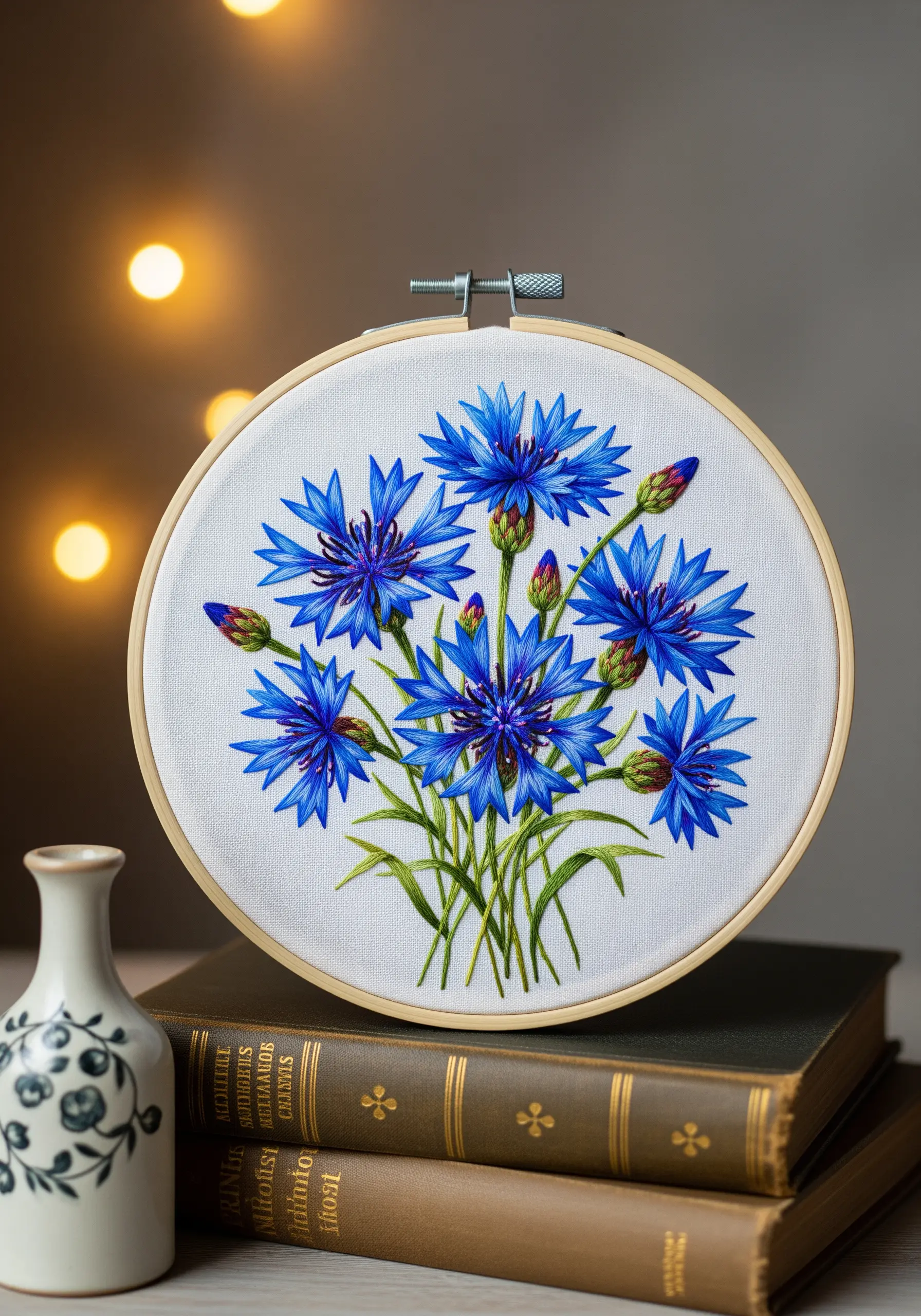 Blue cornflower embroidery using radiating straight stitches to create fine, sharp petals.