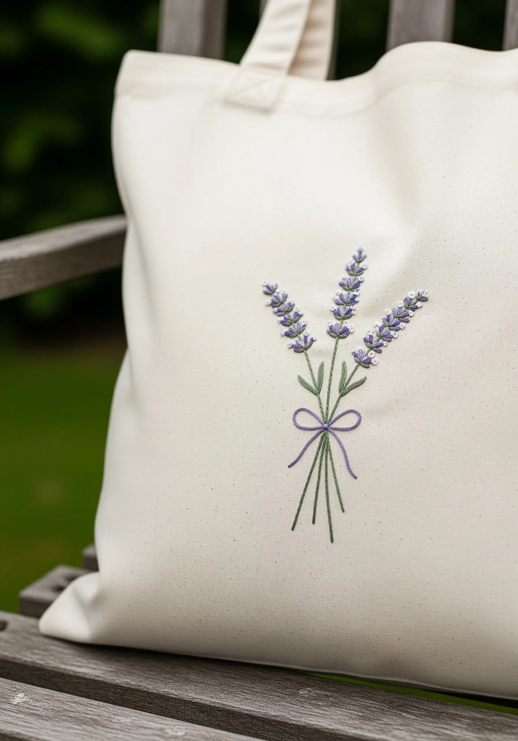 A simple and elegant bouquet of lavender embroidered on a tote bag.