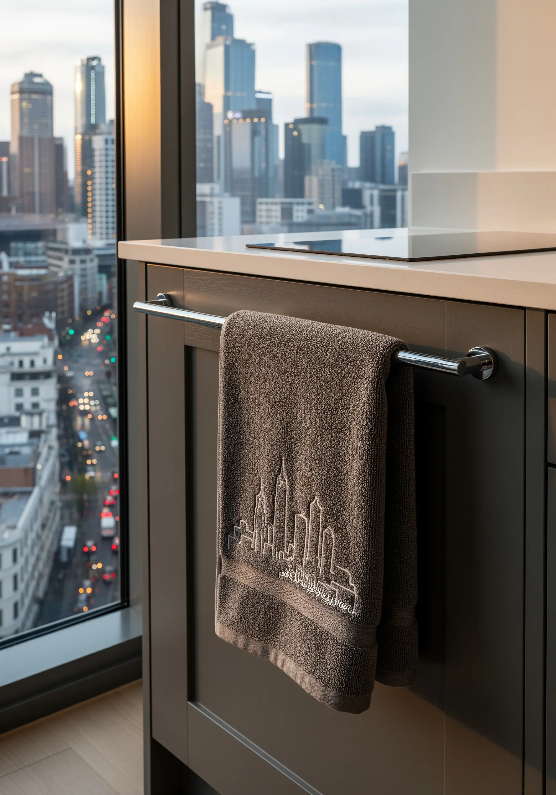 A simple outline of a city skyline embroidered on the band of a brown terrycloth towel.