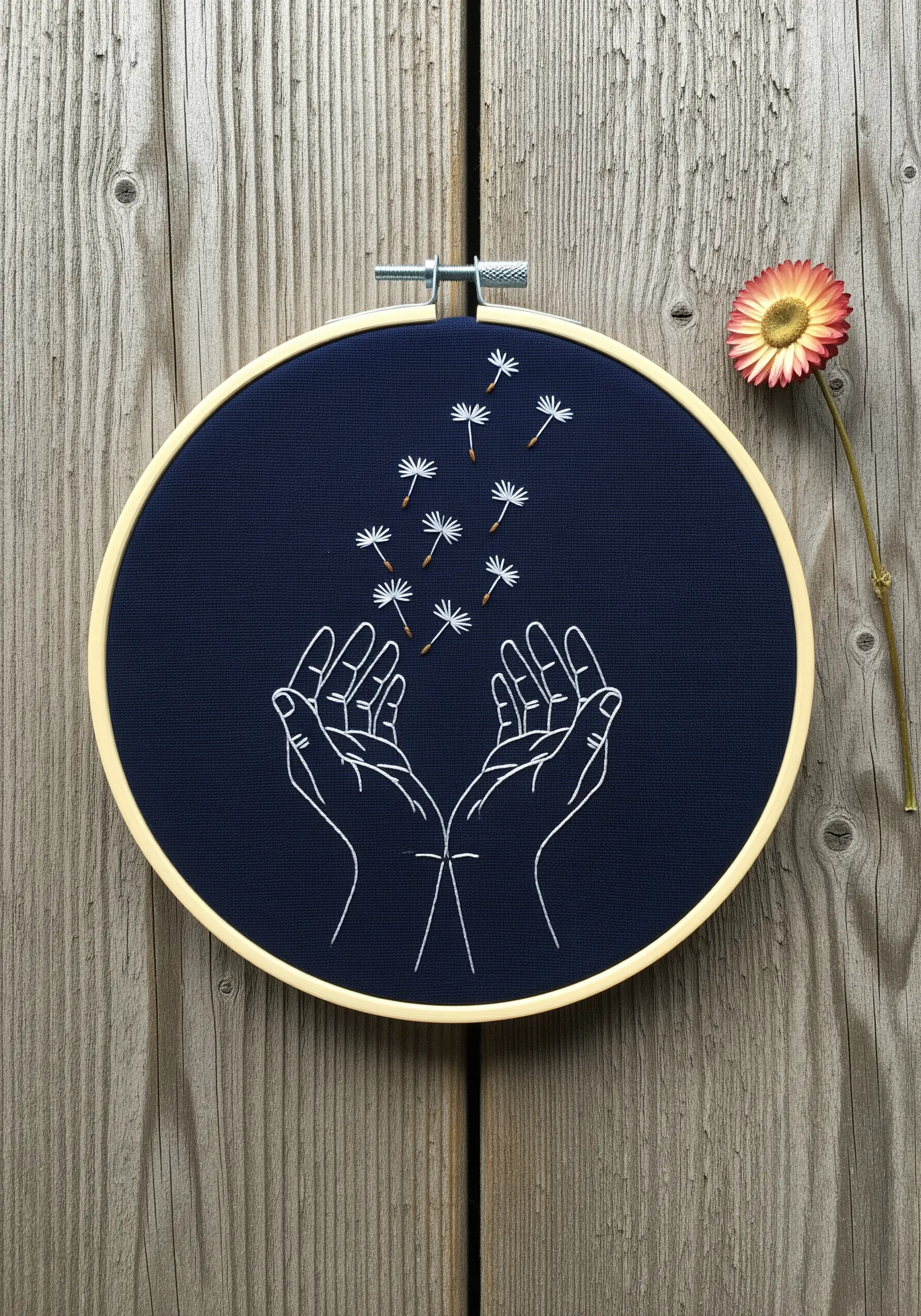 White line art hands releasing delicate dandelion seeds on dark navy fabric.