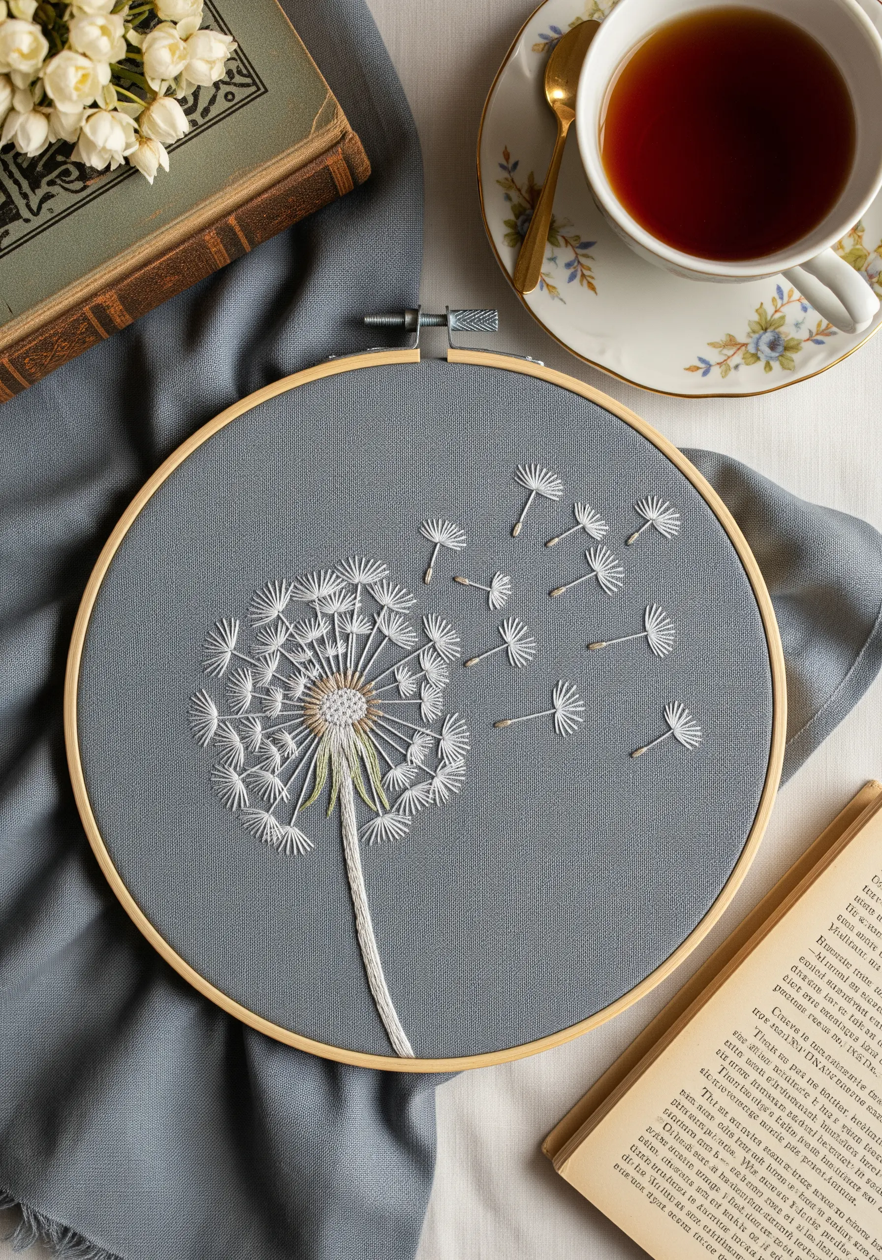 A dandelion seed head embroidery with seeds blowing away, stitched in white on grey fabric.