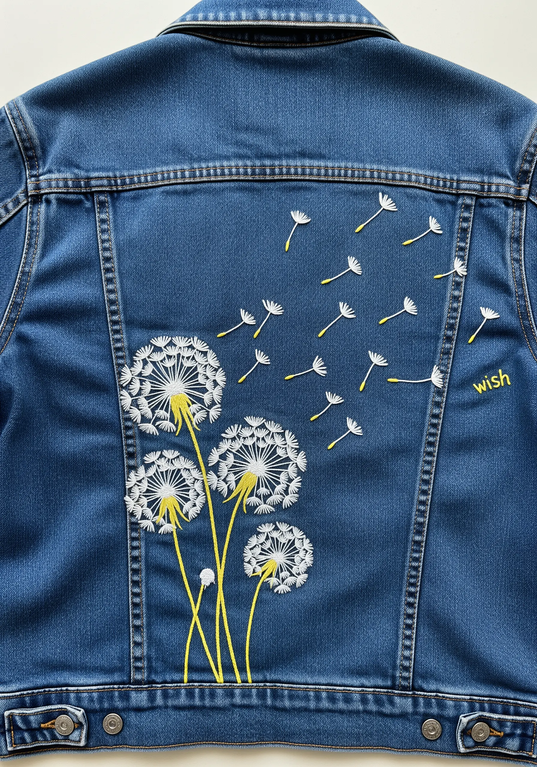 Embroidered dandelions with seeds blowing across the back of a denim jacket.