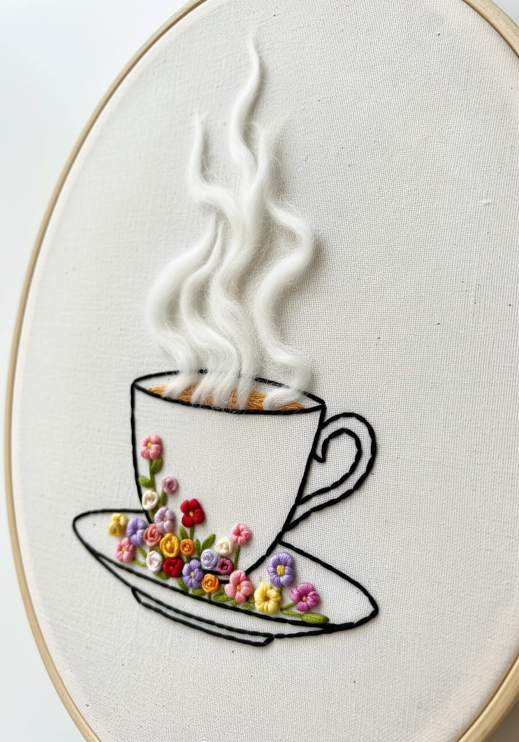 Outline of a teacup with small floral embroidery and delicate wool roving for steam.