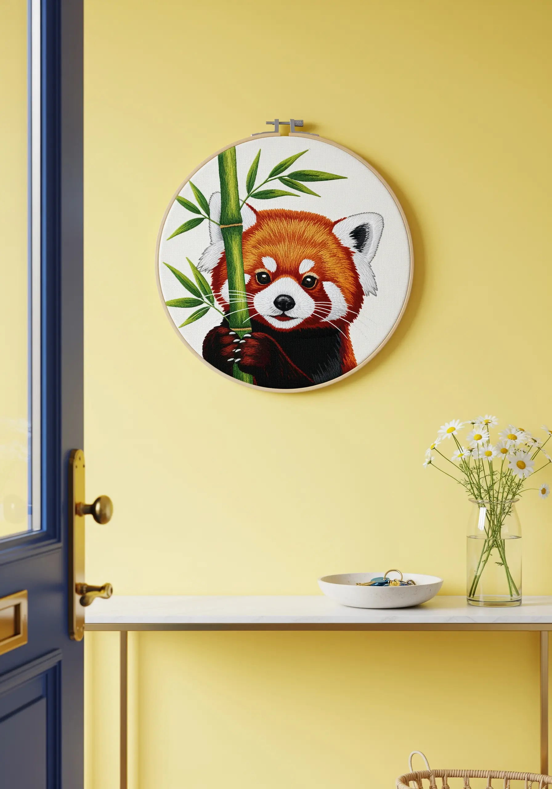 A red panda holding a bamboo stalk, with a detailed and expressive thread-painted face.