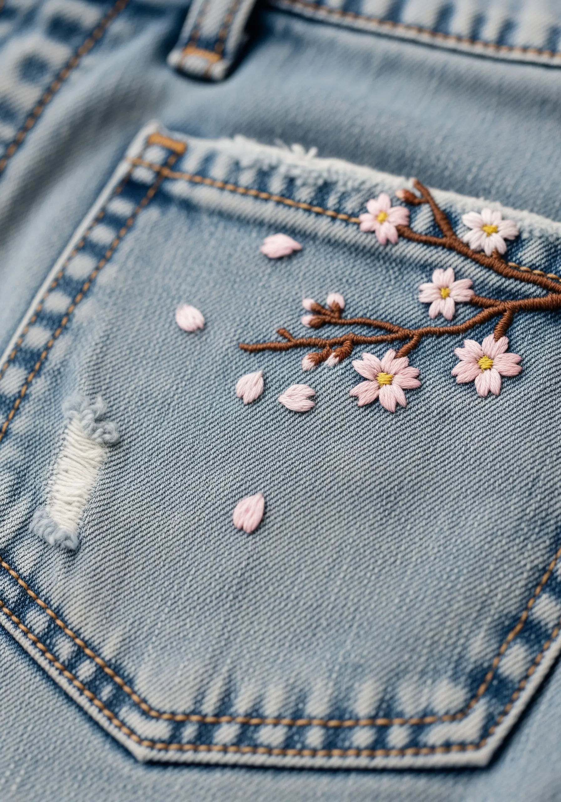 A cherry blossom branch on a denim pocket, with loose petals floating down.