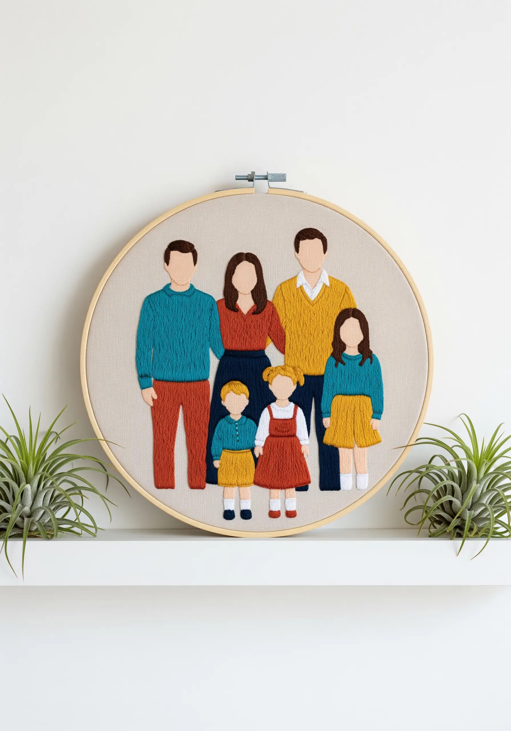 A modern, faceless family portrait embroidered in a hoop, using color-blocked clothing.