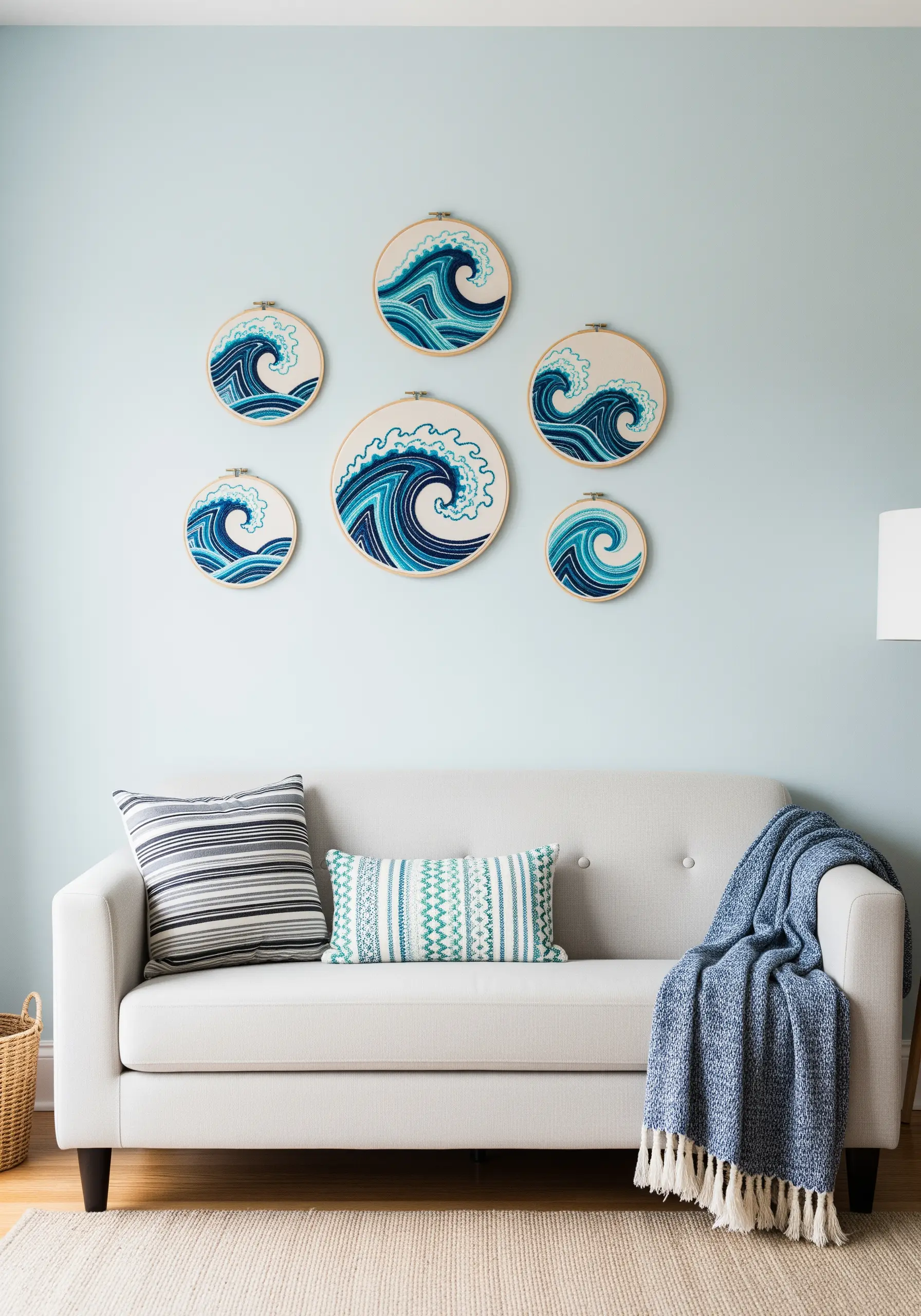 A collection of embroidery hoops depicting stylized ocean waves in shades of blue.