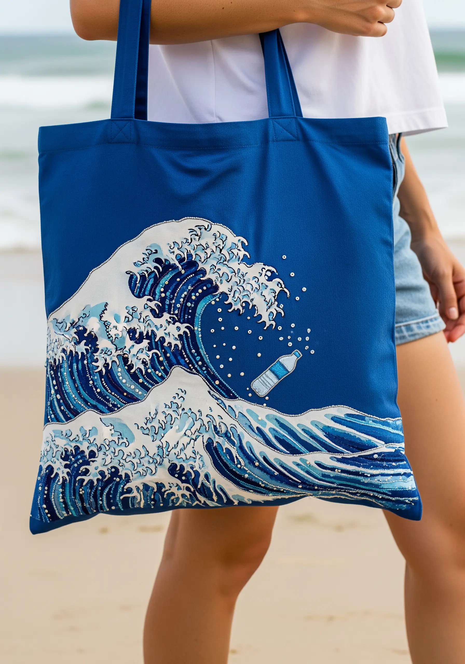 Embroidery of 'The Great Wave' with a plastic bottle floating in it on a blue tote.