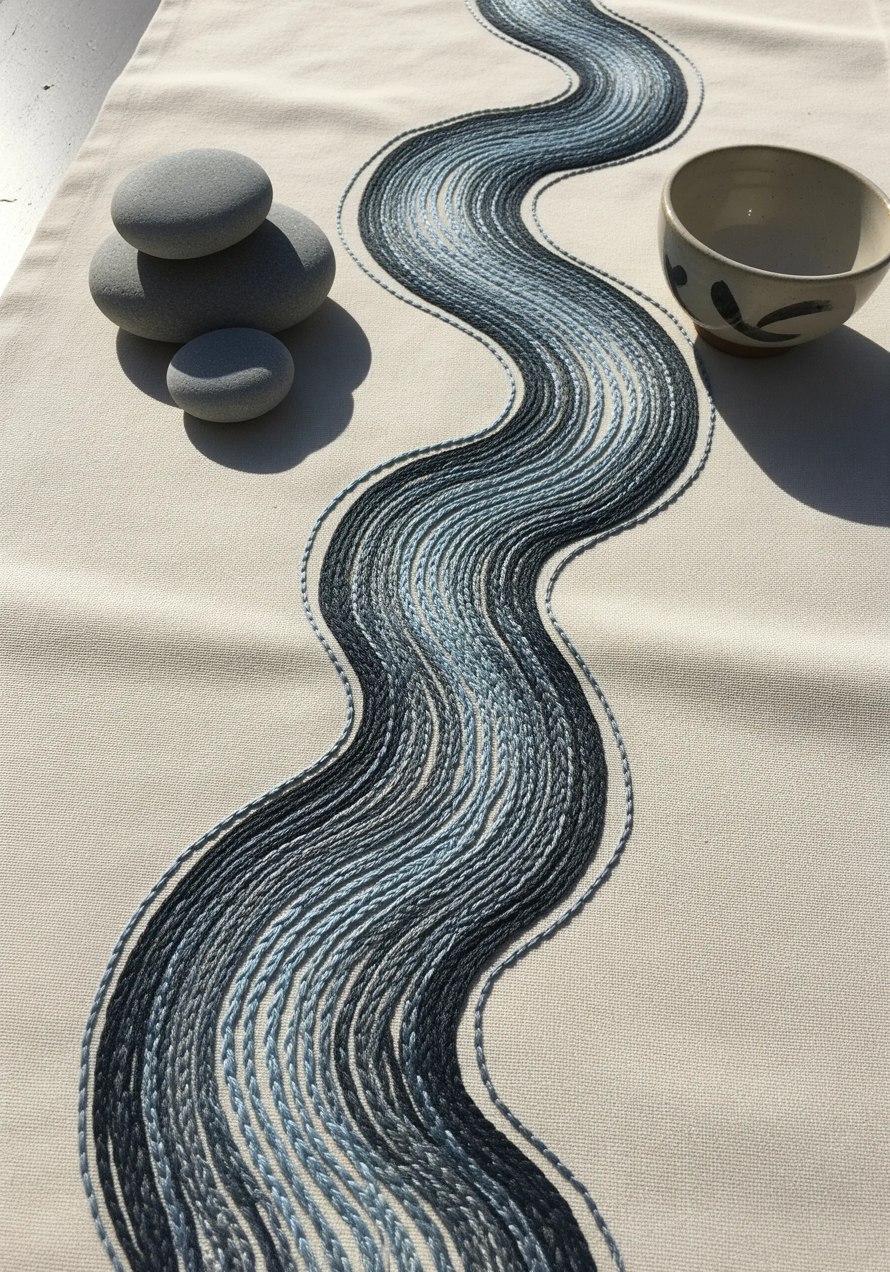 A table runner embroidered with a flowing river of blue, grey, and black straight stitches.