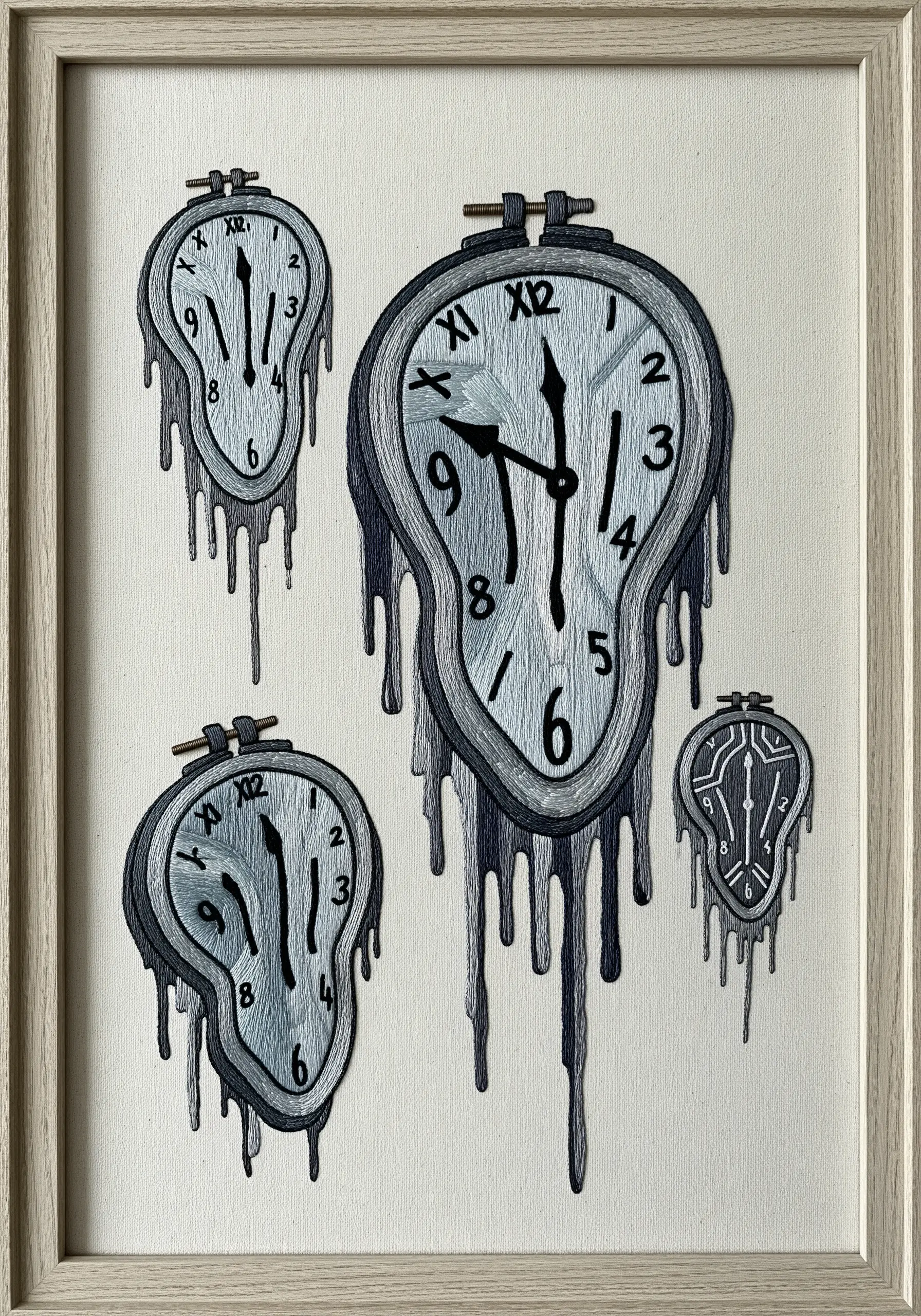 Embroidery of Salvador Dalí's melting clocks, stitched to show fluidity.