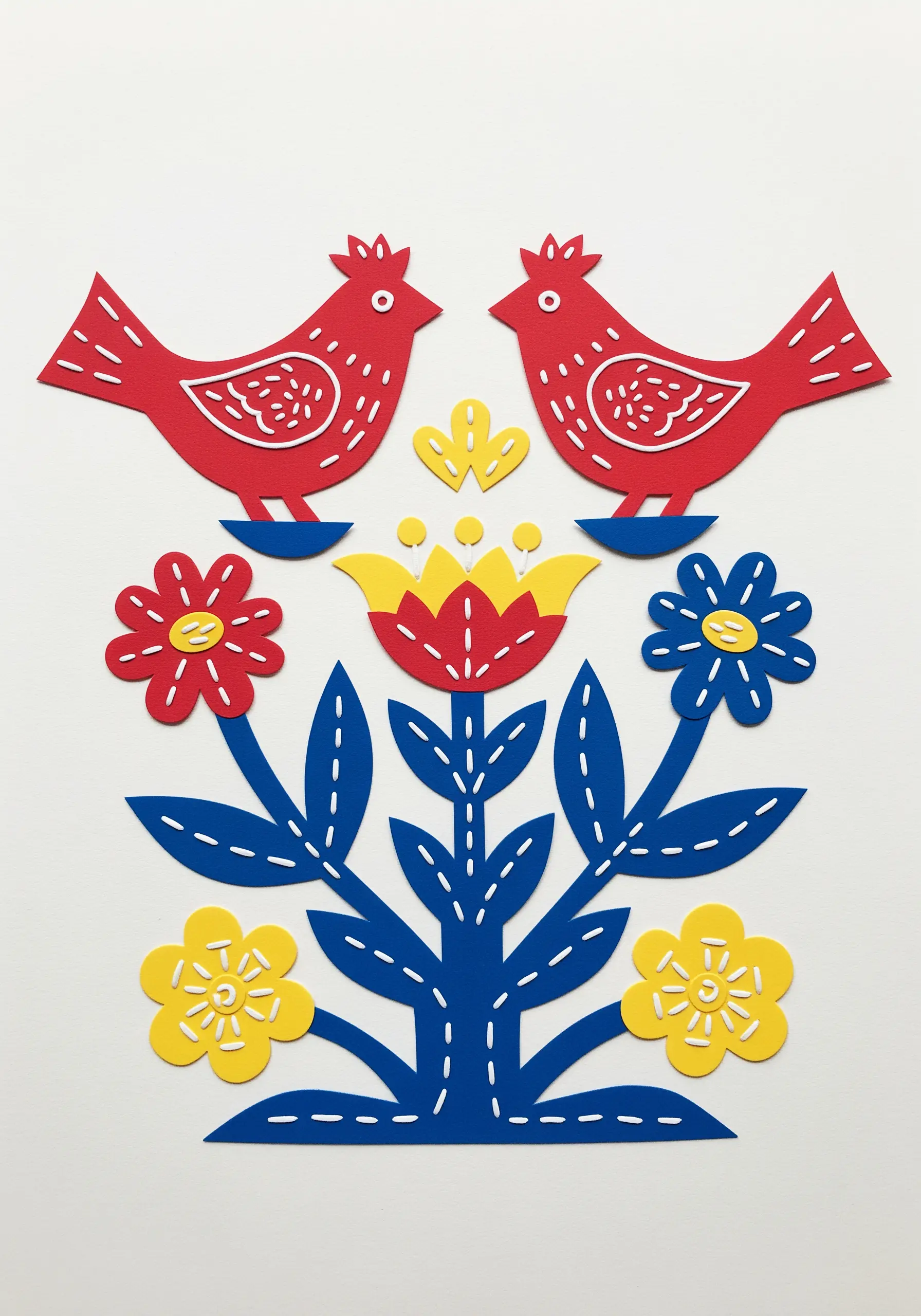 A folk art design with red birds and colorful flowers made from paper cutouts with white details.