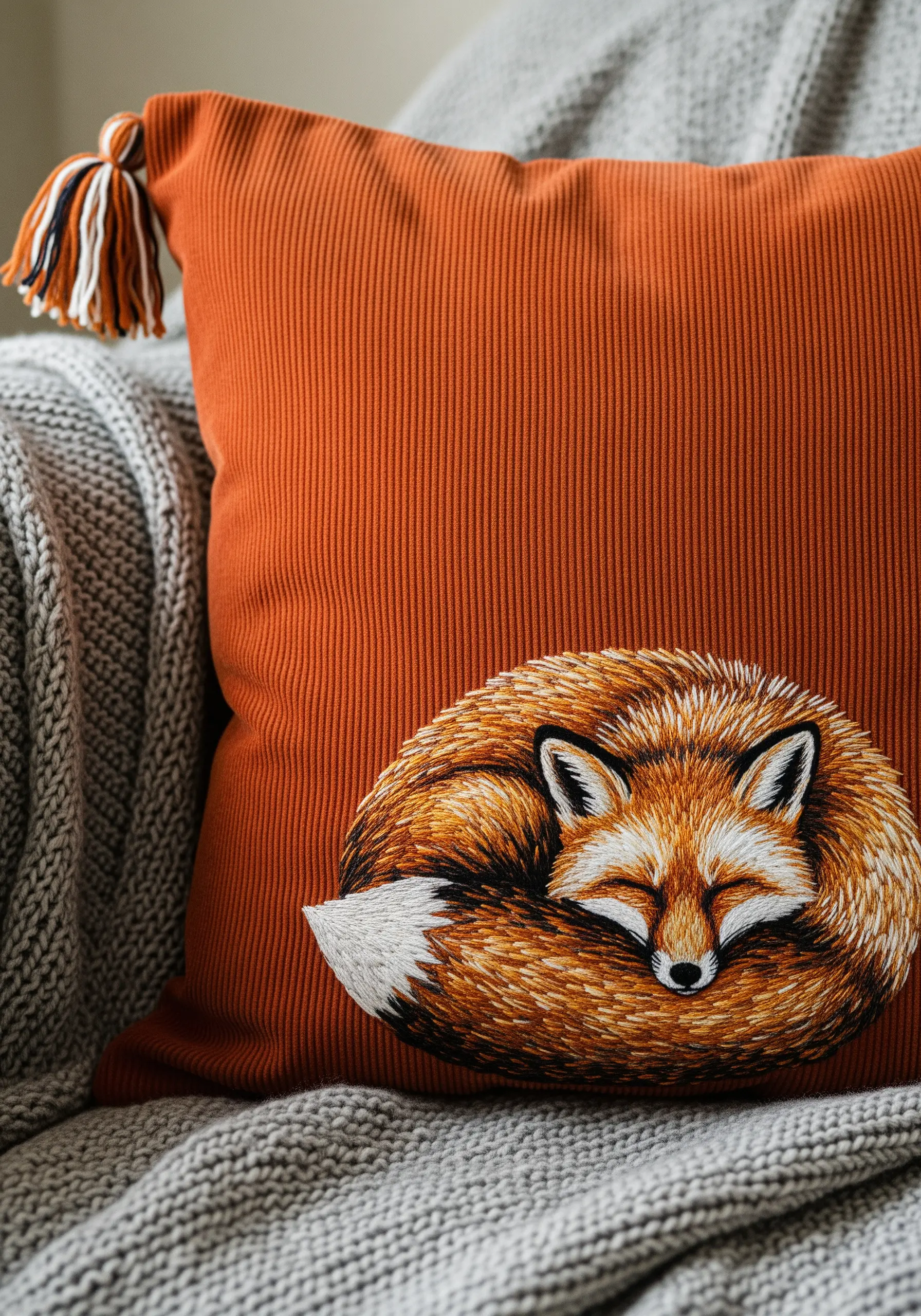 A sleeping fox embroidered with detailed fur texture on a burnt orange corduroy cushion.