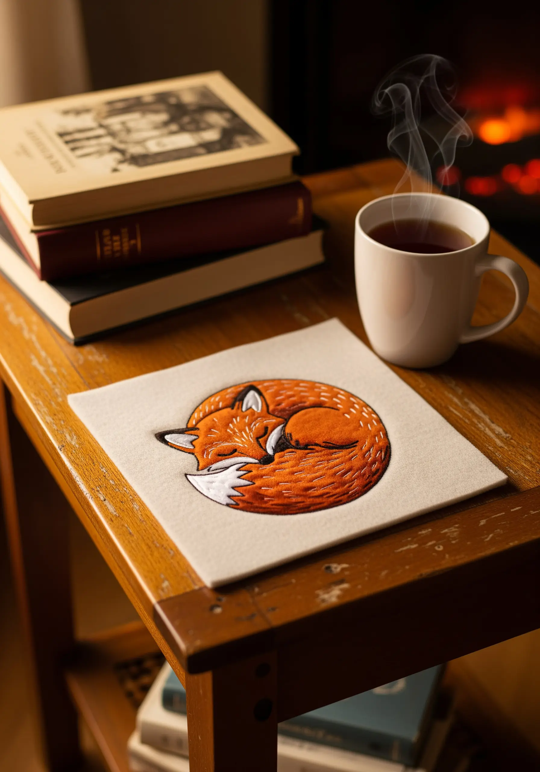 Embroidered sleeping fox with detailed fur texture created with long-and-short stitch.