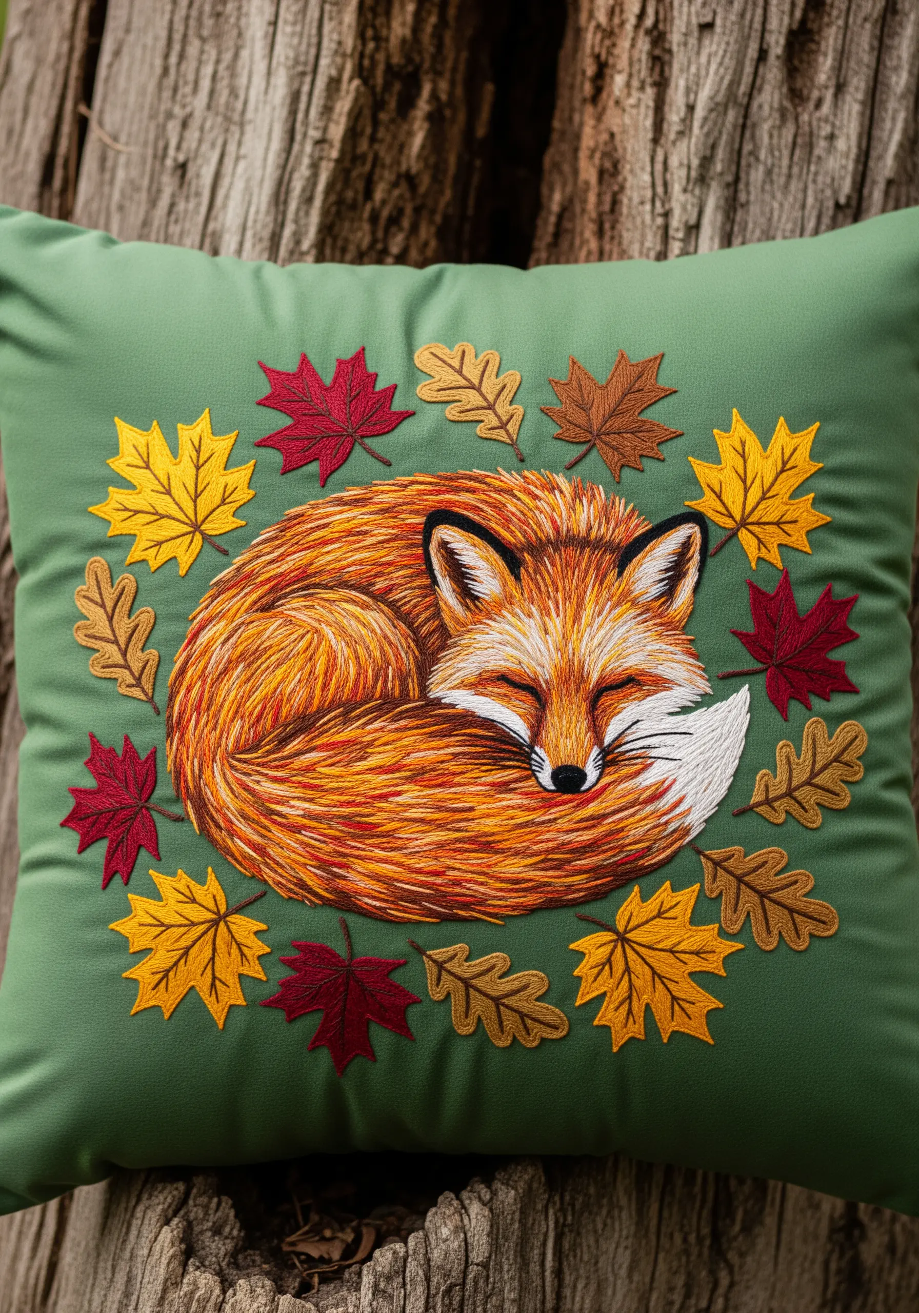 Embroidery of a sleeping fox curled up amidst a wreath of autumn leaves on a green cushion.