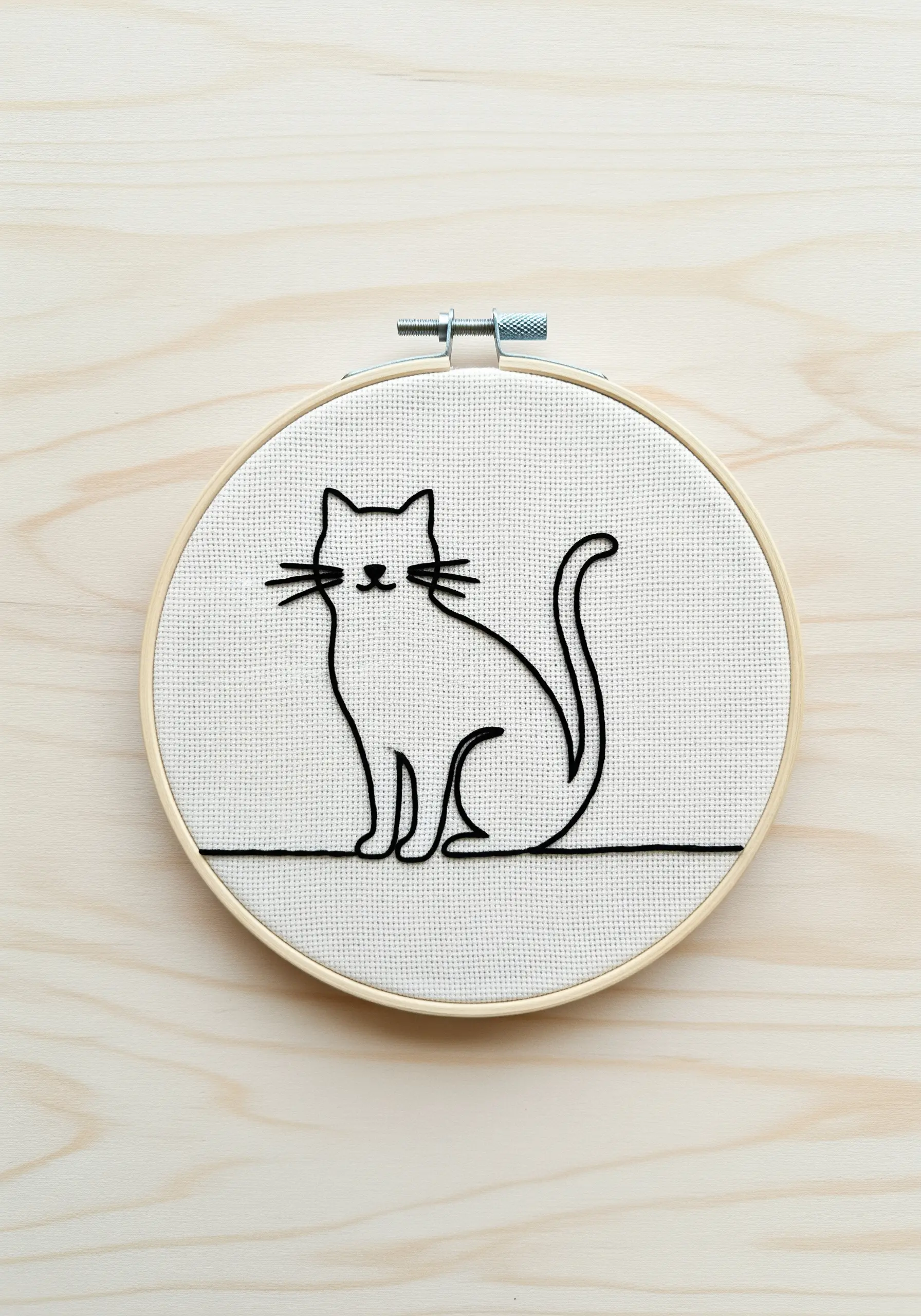 Minimalist single-line embroidery of a sitting cat on white Aida cloth.