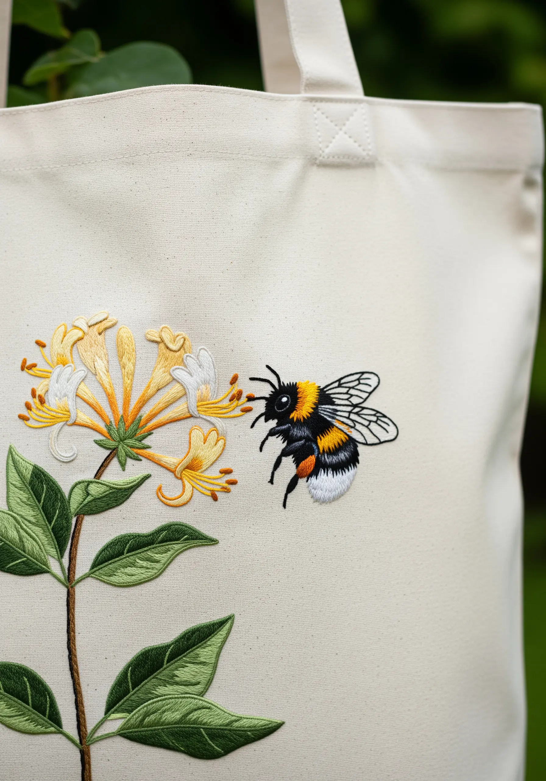 A detailed bumblebee with fuzzy texture and delicate wings visiting a honeysuckle flower.