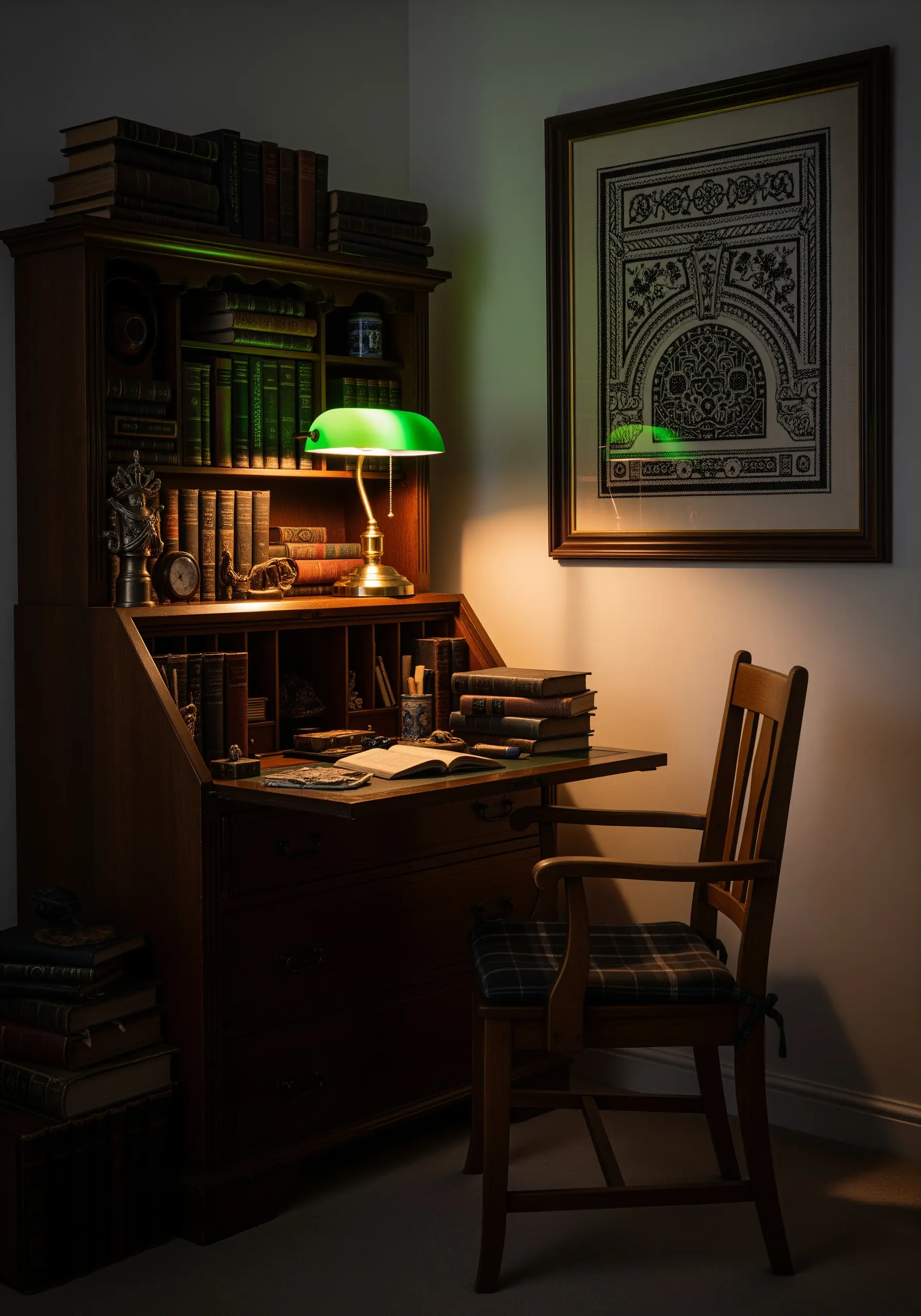 A framed, highly detailed blackwork embroidery of an architectural arch in a dark academia office.