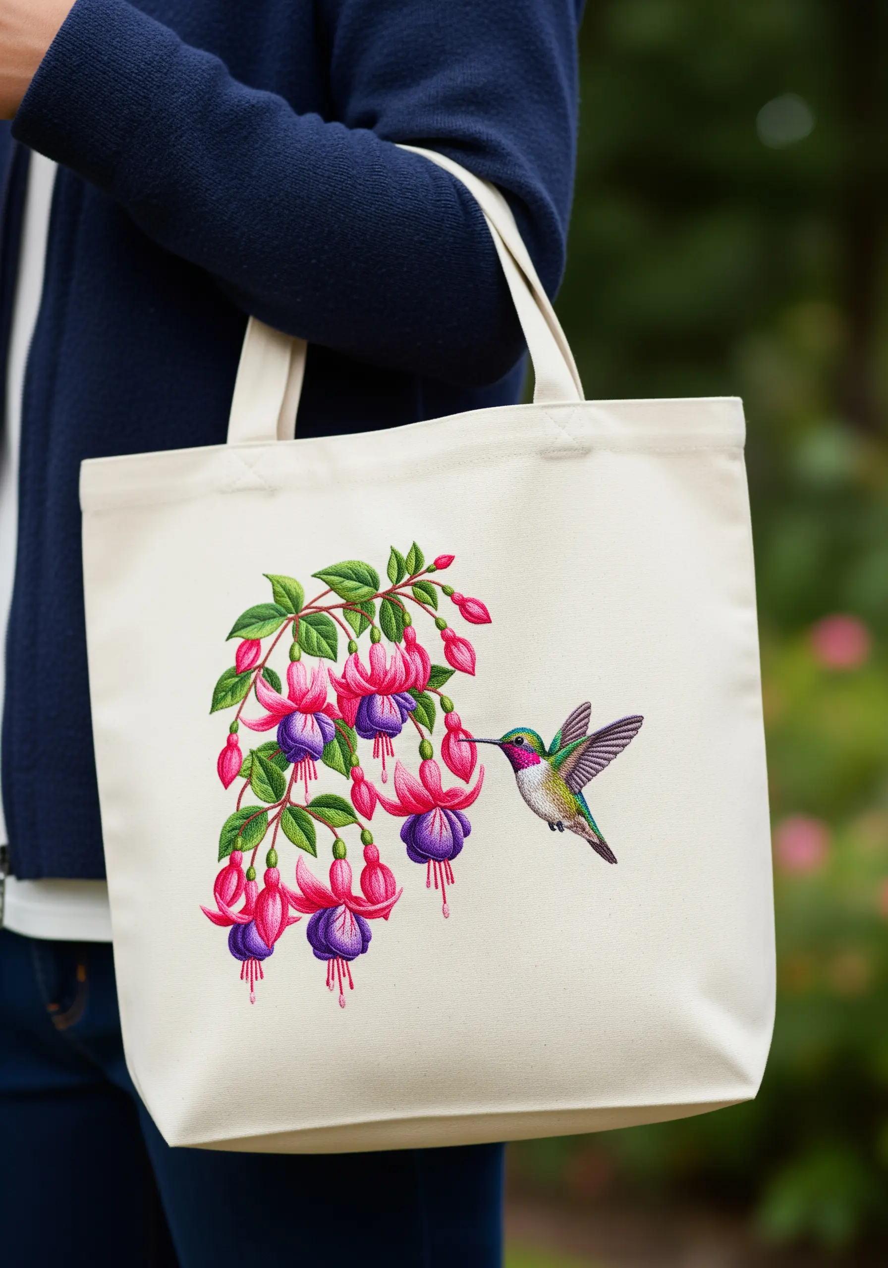 A colorful hummingbird drinking nectar from a fuchsia plant embroidered on a tote bag.