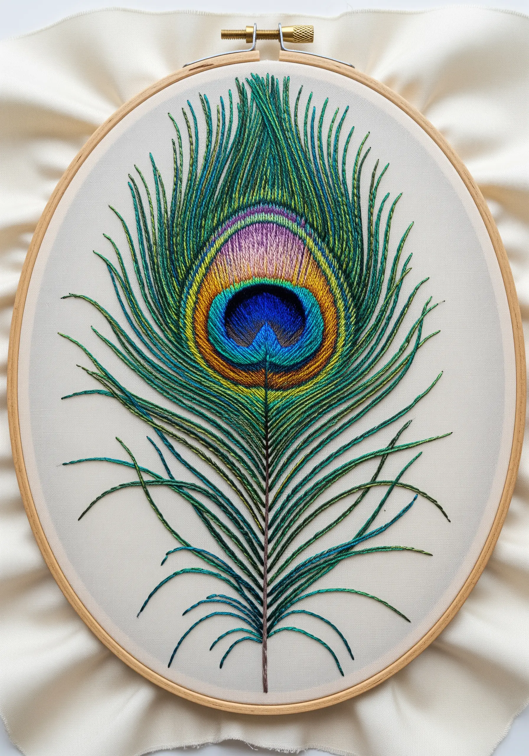 A vibrant, detailed embroidery of a peacock feather with iridescent greens, blues, and purples.