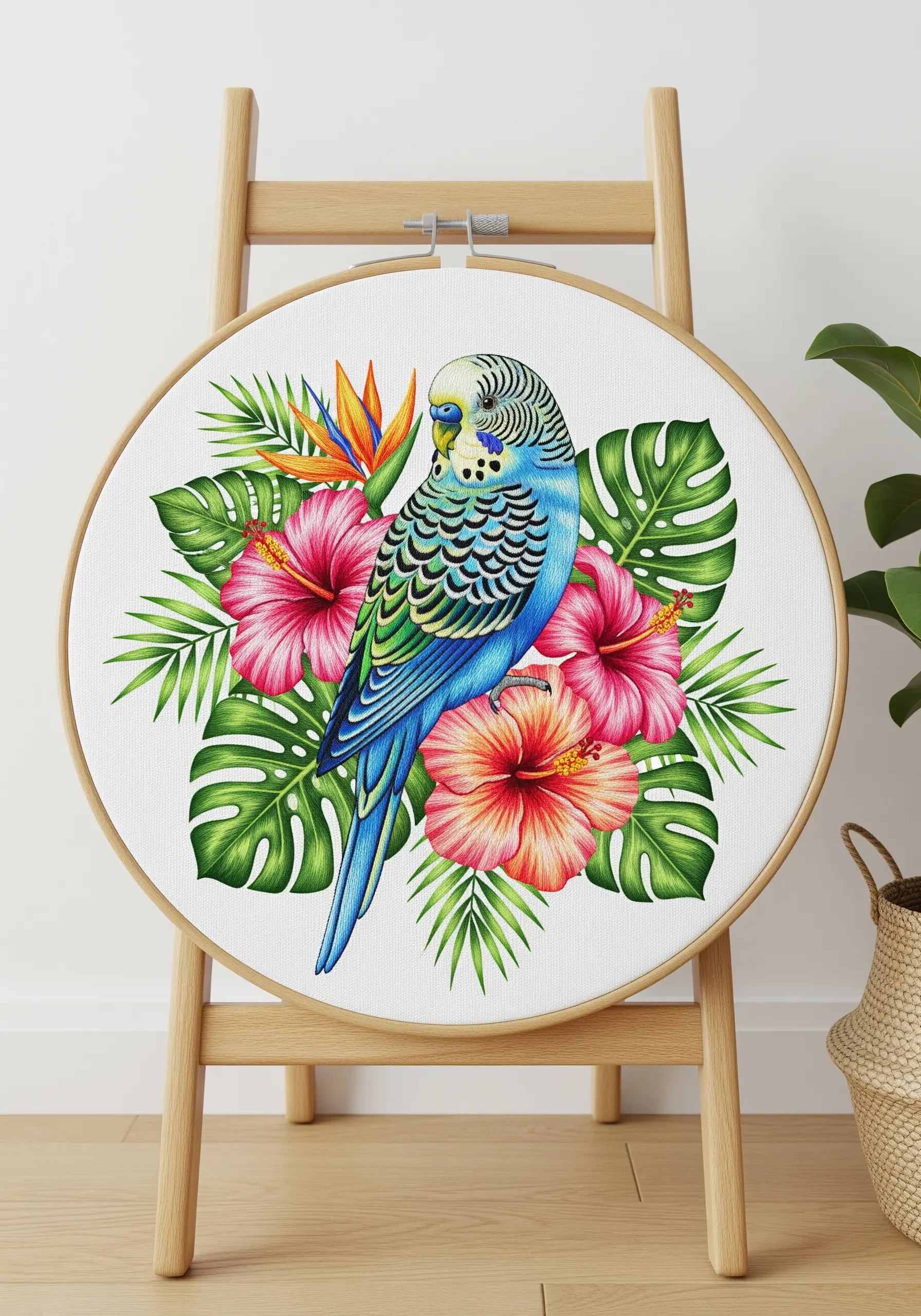 Colorful embroidered budgie perched among vibrant tropical flowers like hibiscus and bird of paradise.