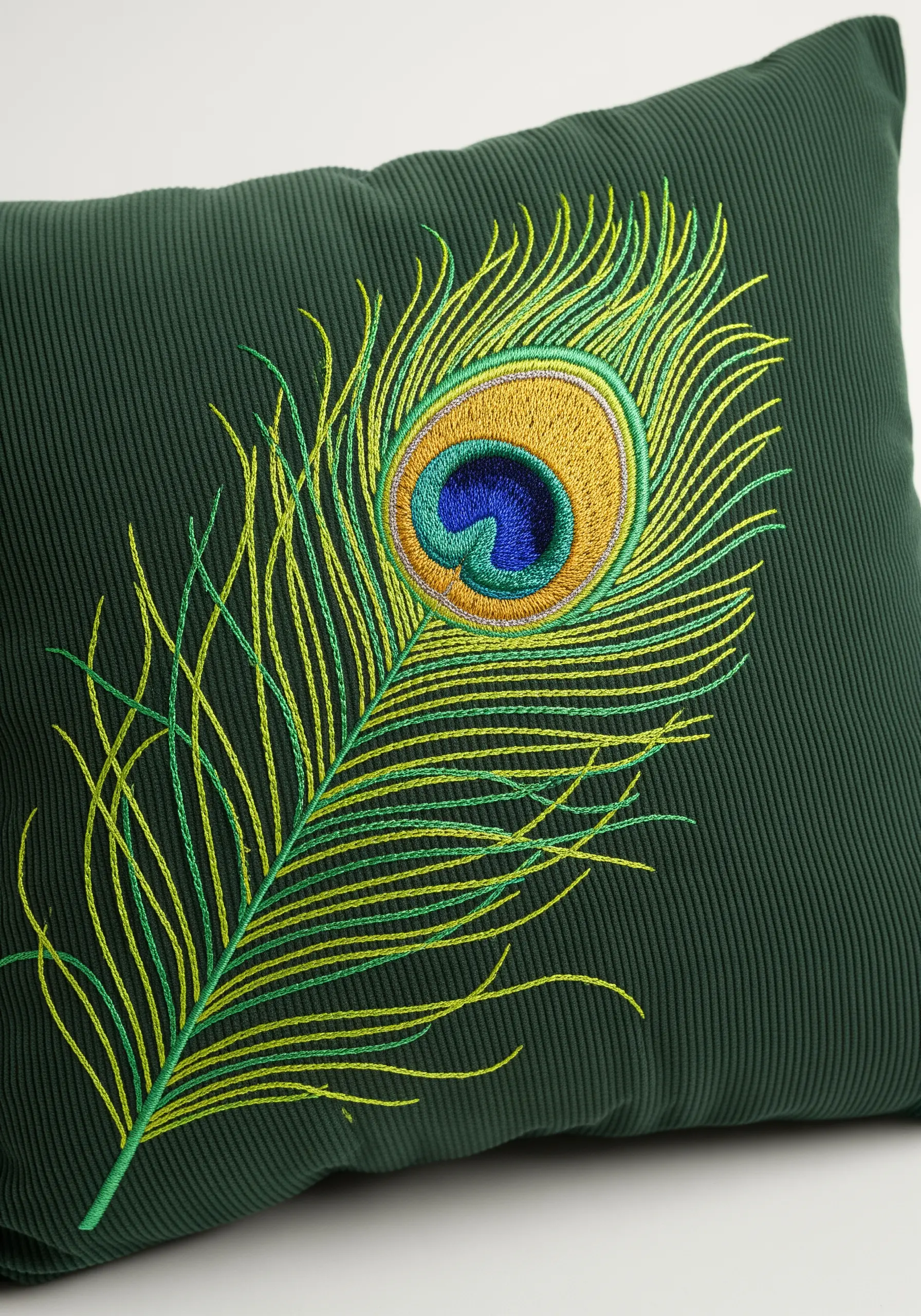 Detailed peacock feather with thread-painted gradients on a dark green corduroy pillow.